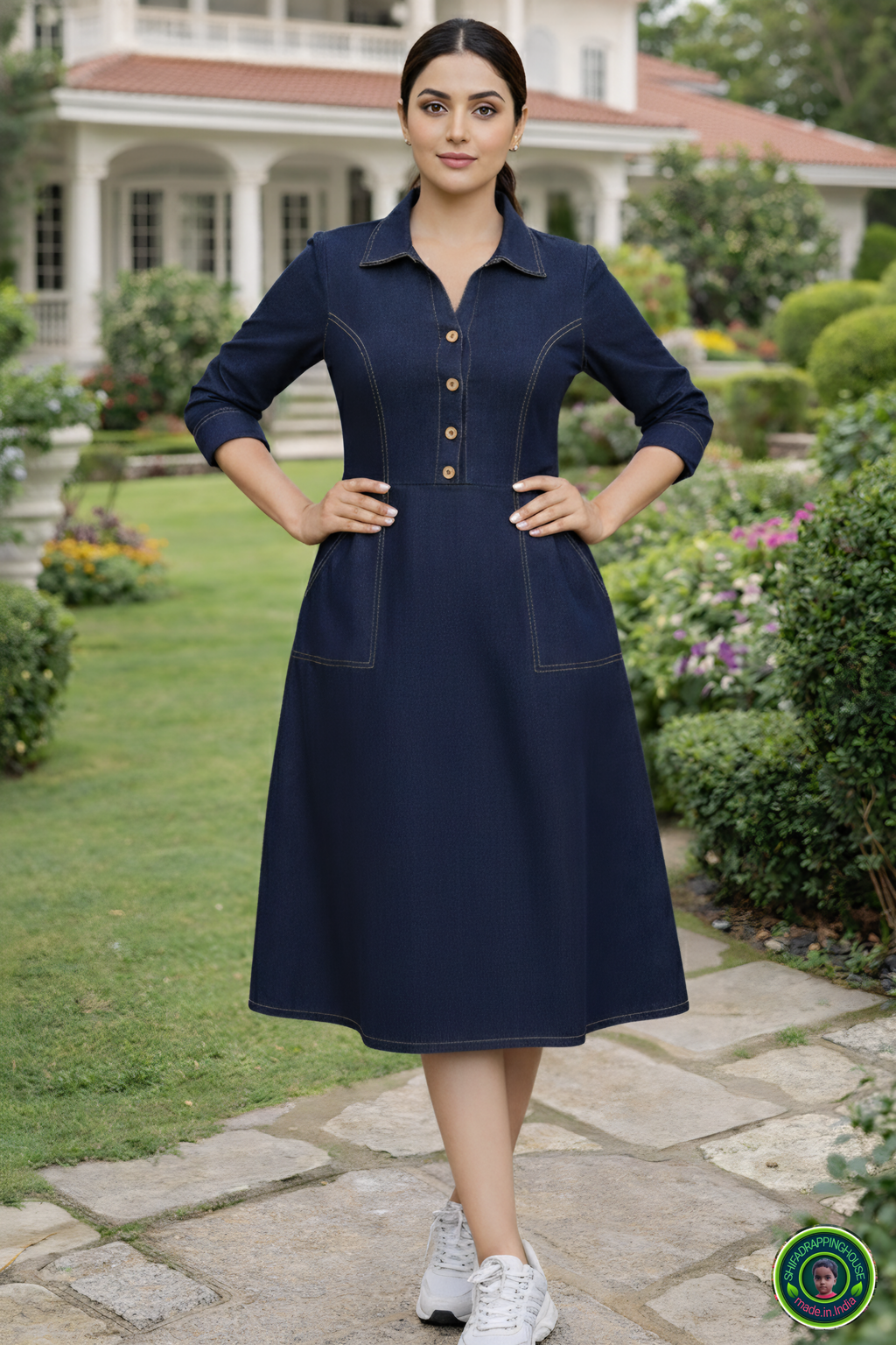 Indo-Western Elite: Princess-Cut Soft Denim Midi Dress with Wooden Accents