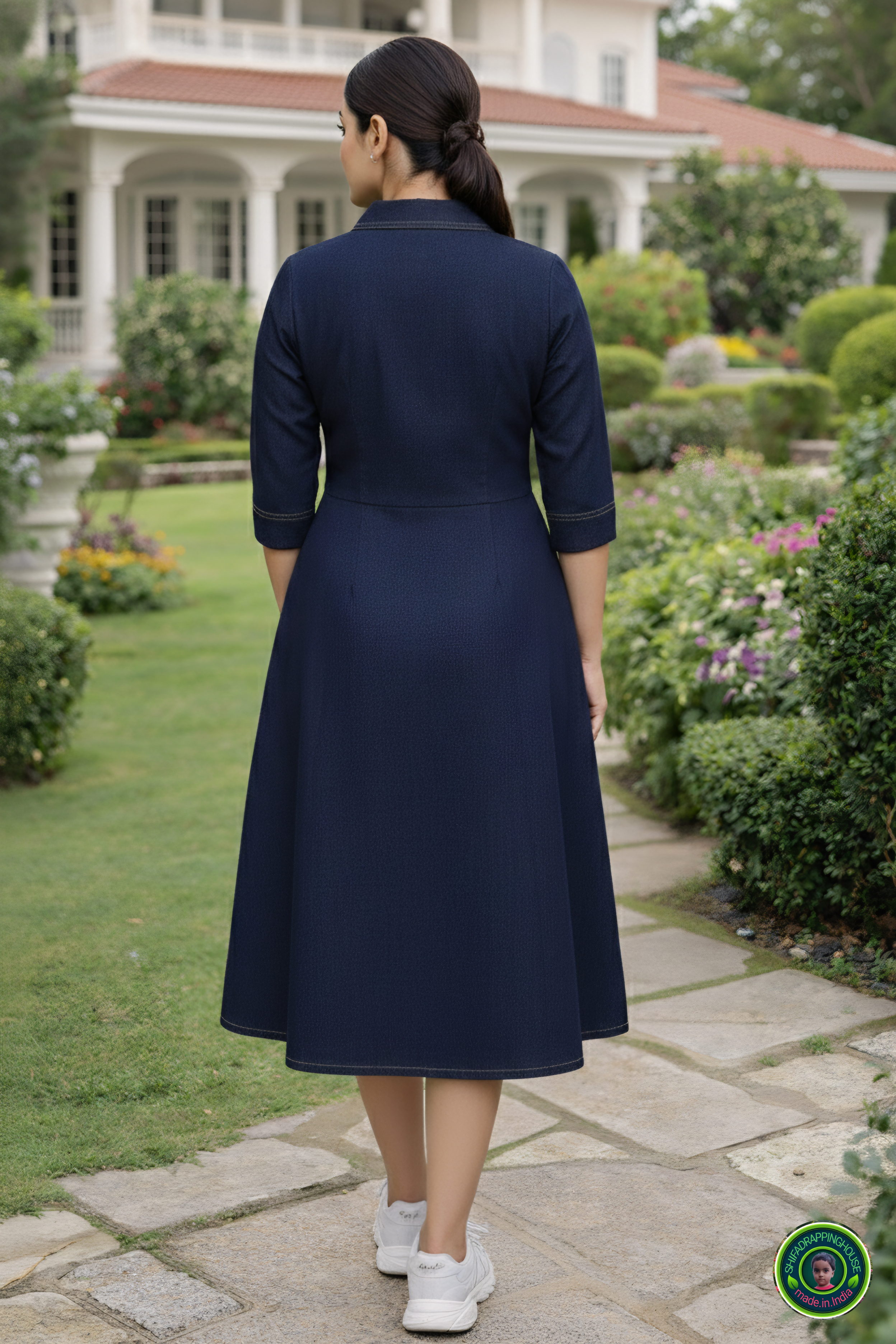 Indo-Western Elite: Princess-Cut Soft Denim Midi Dress with Wooden Accents