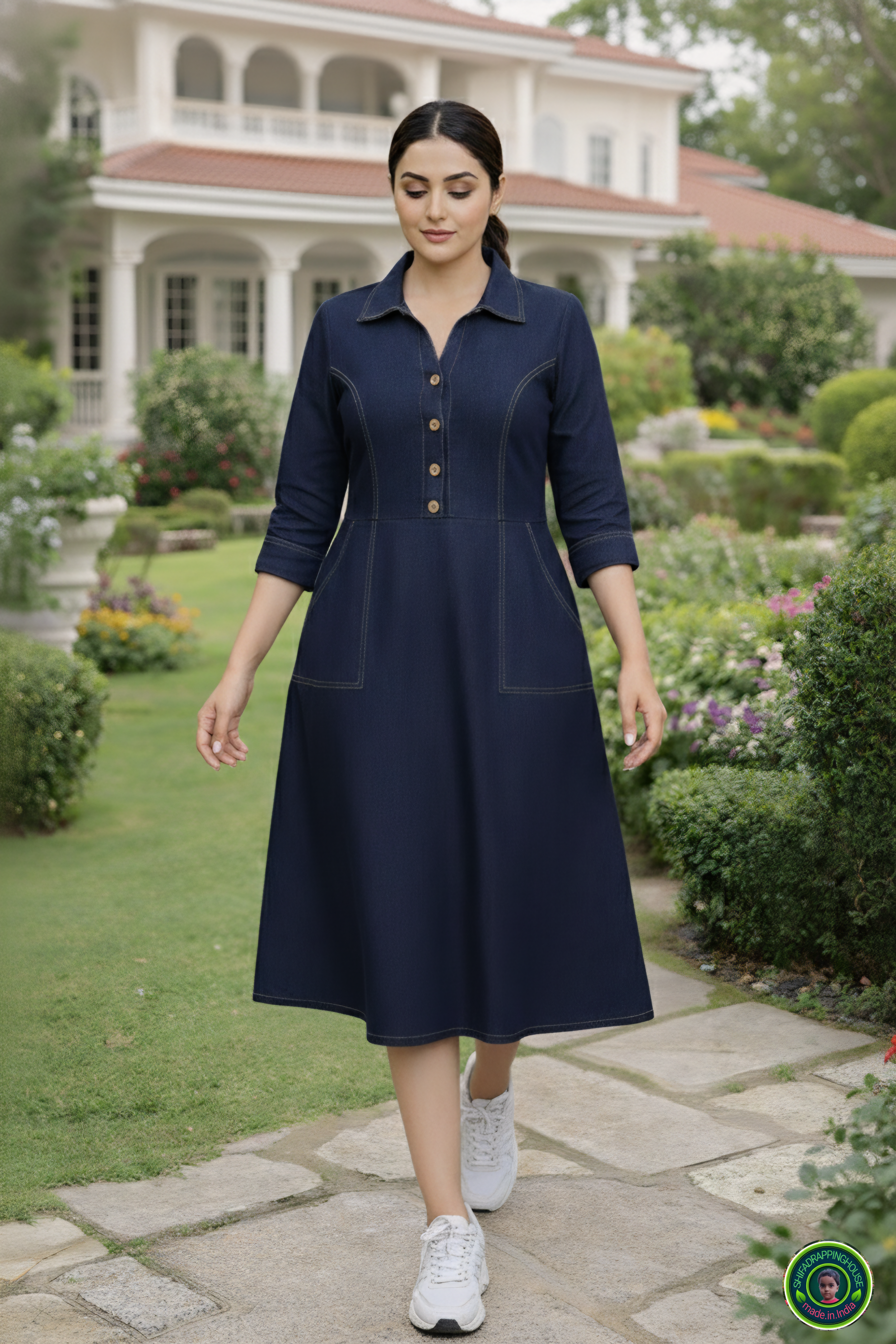 Indo-Western Elite: Princess-Cut Soft Denim Midi Dress with Wooden Accents