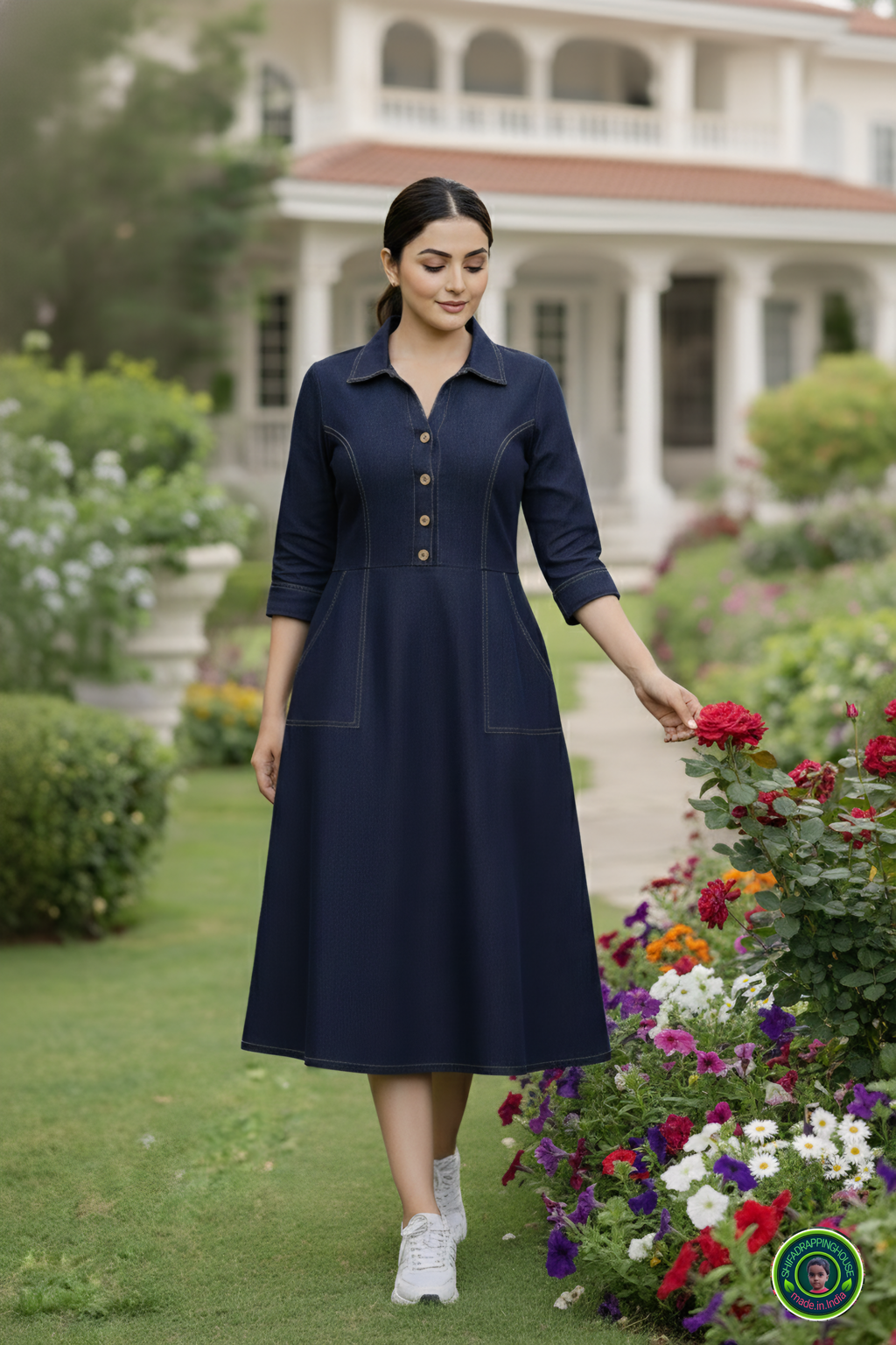 Indo-Western Elite: Princess-Cut Soft Denim Midi Dress with Wooden Accents