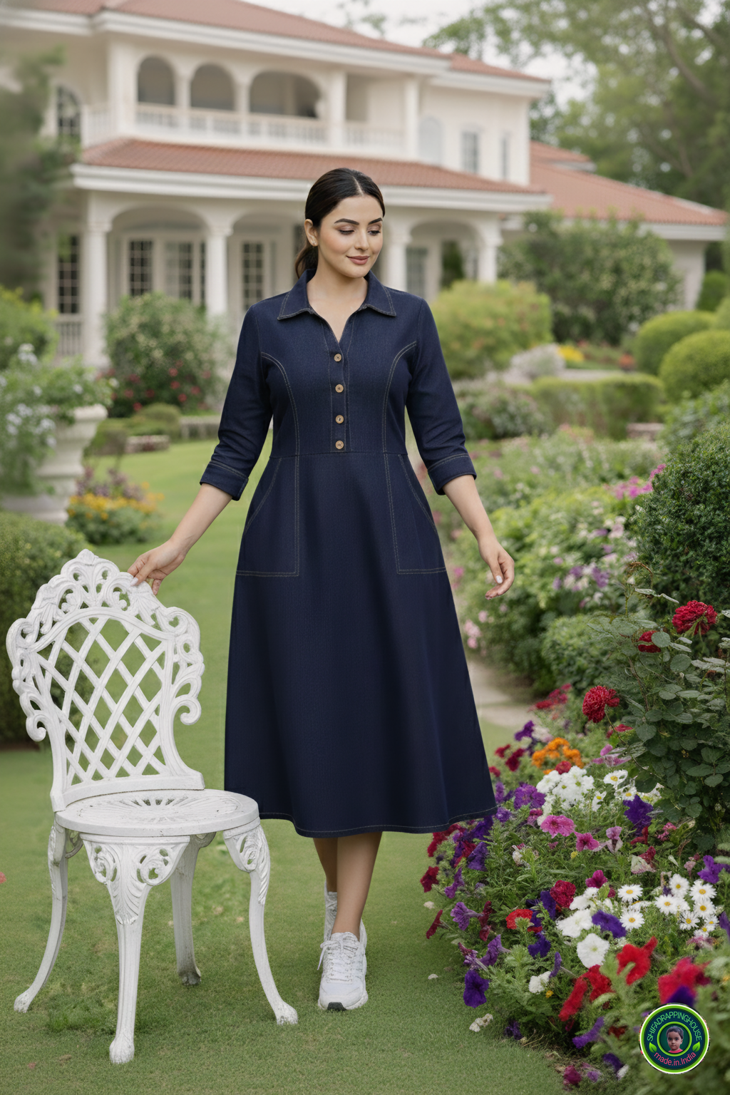 Indo-Western Elite: Princess-Cut Soft Denim Midi Dress with Wooden Accents