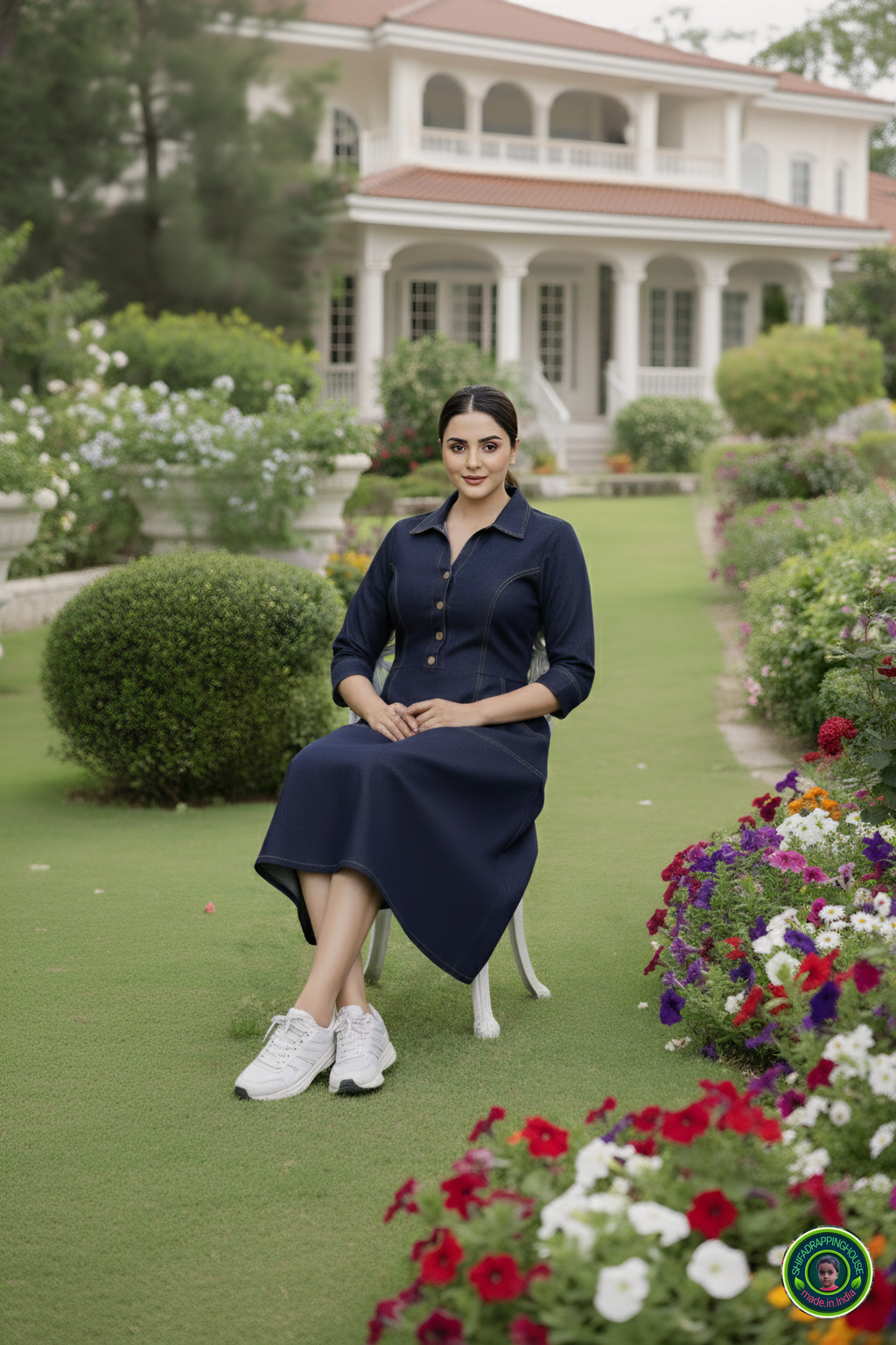Indo-Western Elite: Princess-Cut Soft Denim Midi Dress with Wooden Accents