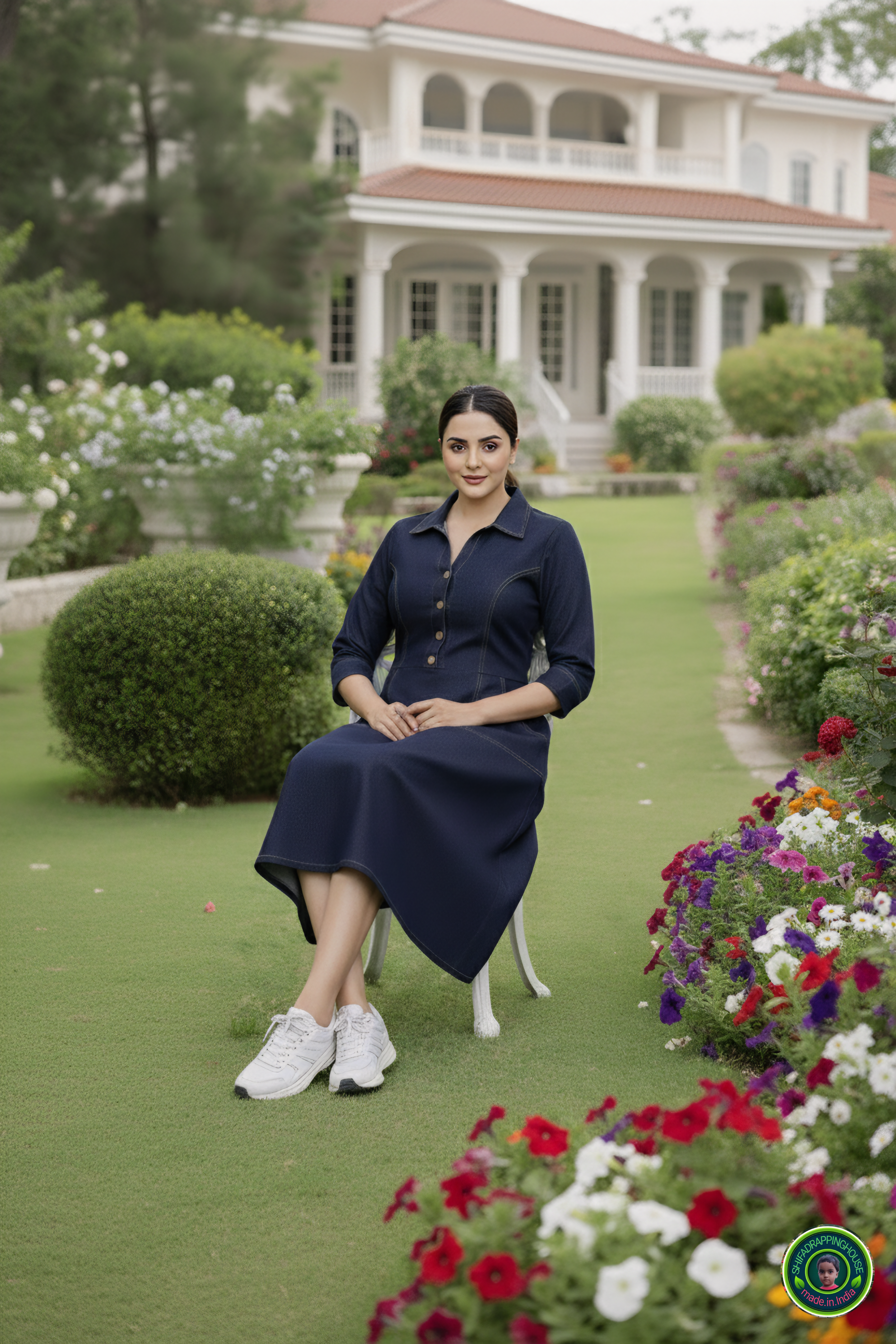 Indo-Western Elite: Princess-Cut Soft Denim Midi Dress with Wooden Accents