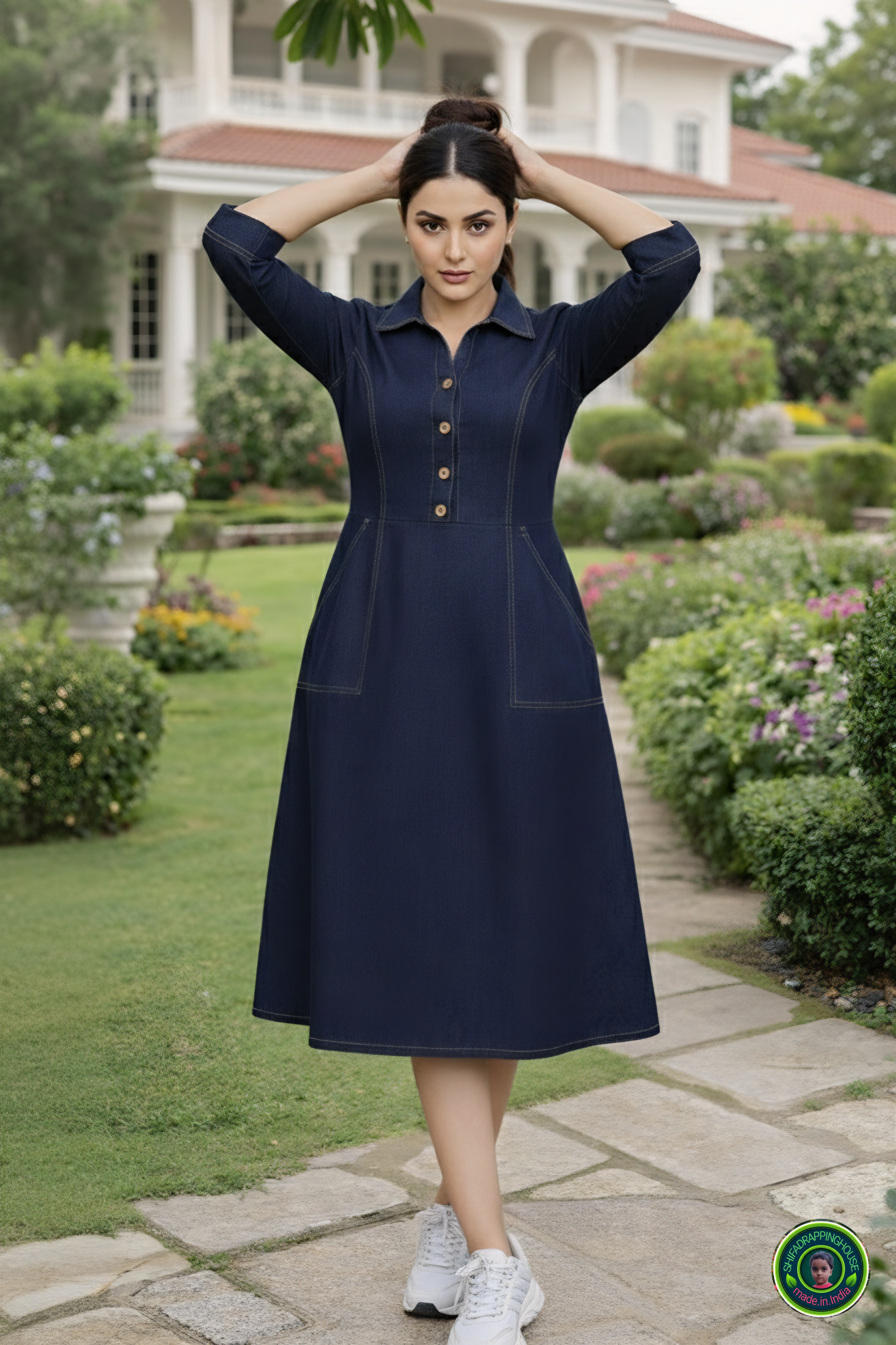 Indo-Western Elite: Princess-Cut Soft Denim Midi Dress with Wooden Accents
