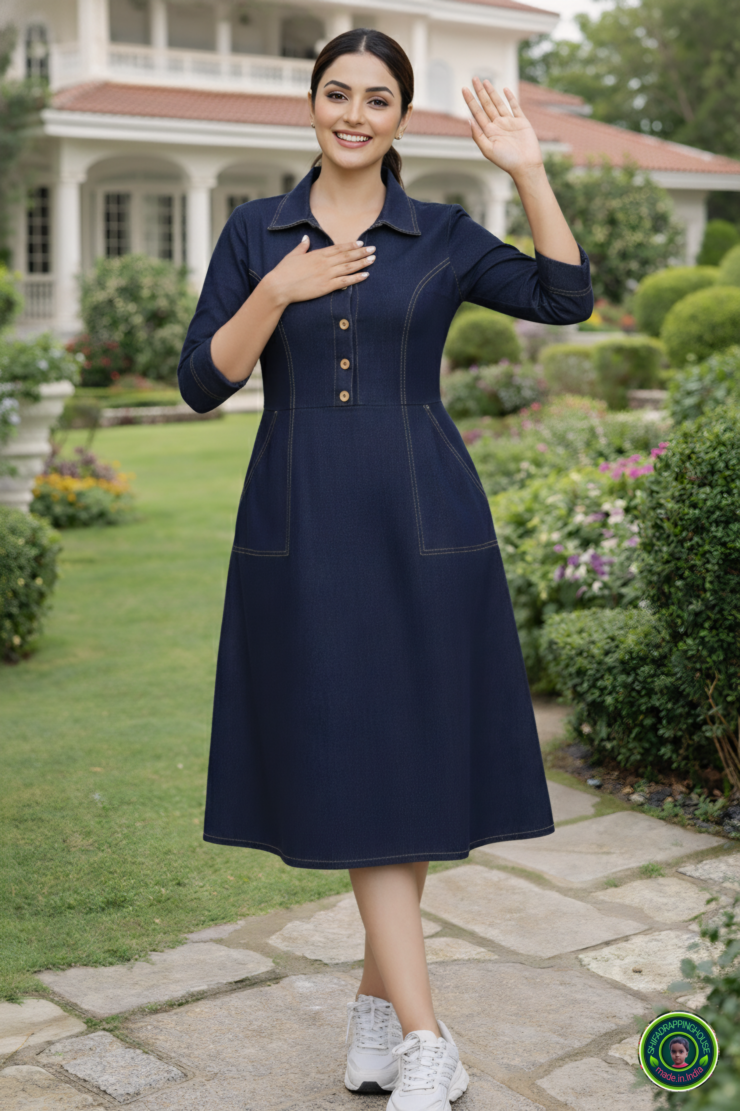 Indo-Western Elite: Princess-Cut Soft Denim Midi Dress with Wooden Accents