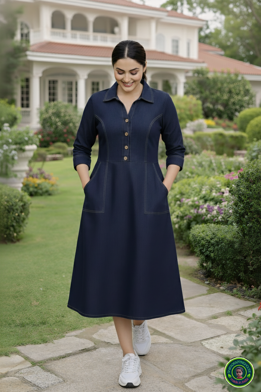 Indo-Western Elite: Princess-Cut Soft Denim Midi Dress with Wooden Accents