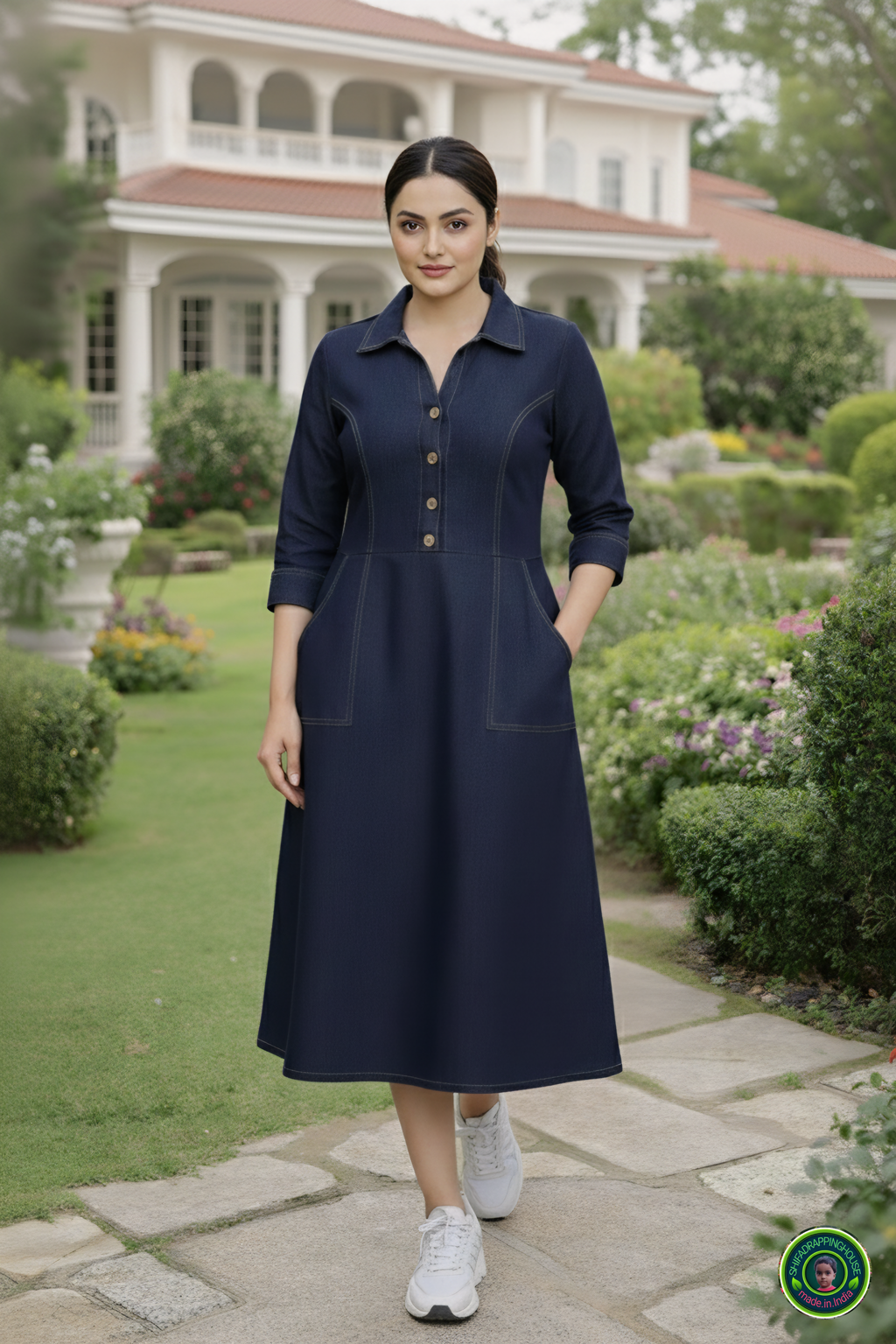 Indo-Western Elite: Princess-Cut Soft Denim Midi Dress with Wooden Accents