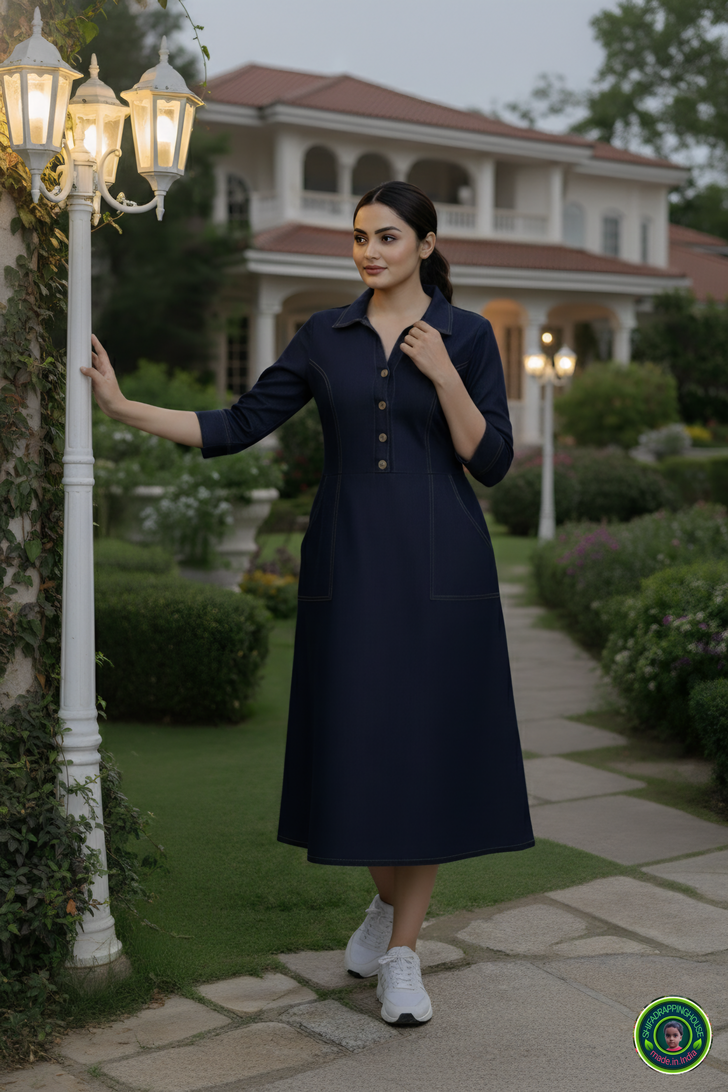 Indo-Western Elite: Princess-Cut Soft Denim Midi Dress with Wooden Accents