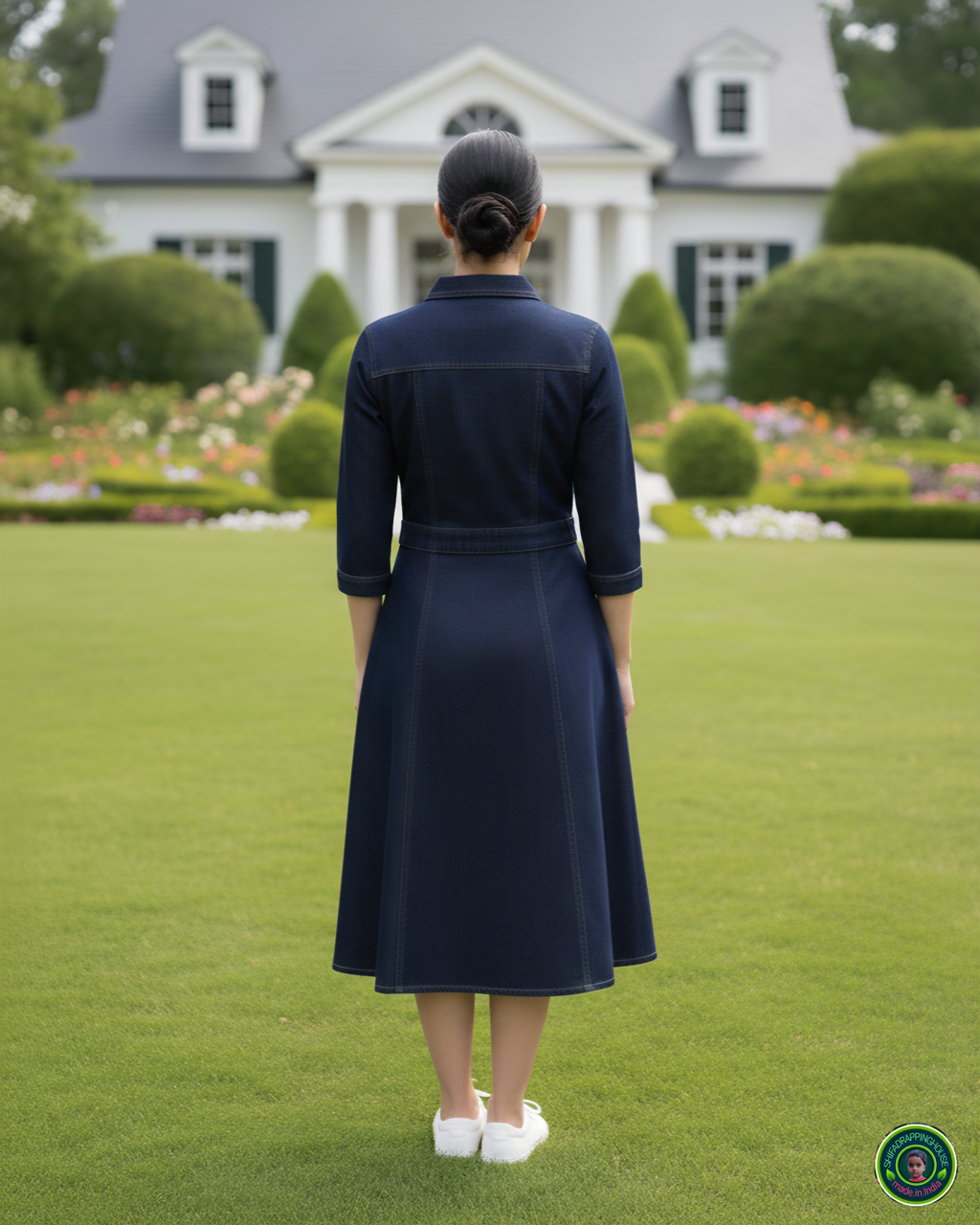 Midnight Luxe: Tailored Soft Denim Midi Dress with Gold Contrast Stitching