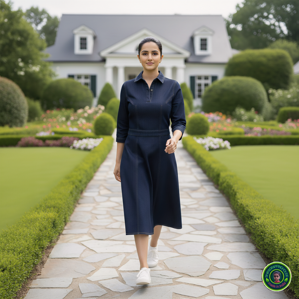 Midnight Luxe: Tailored Soft Denim Midi Dress with Gold Contrast Stitching