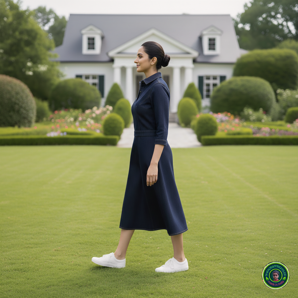 Midnight Luxe: Tailored Soft Denim Midi Dress with Gold Contrast Stitching