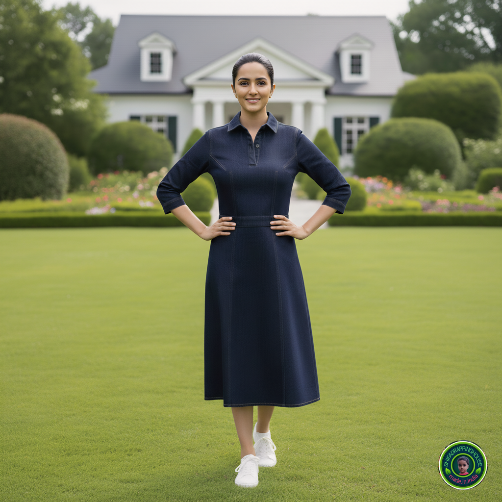 Midnight Luxe: Tailored Soft Denim Midi Dress with Gold Contrast Stitching