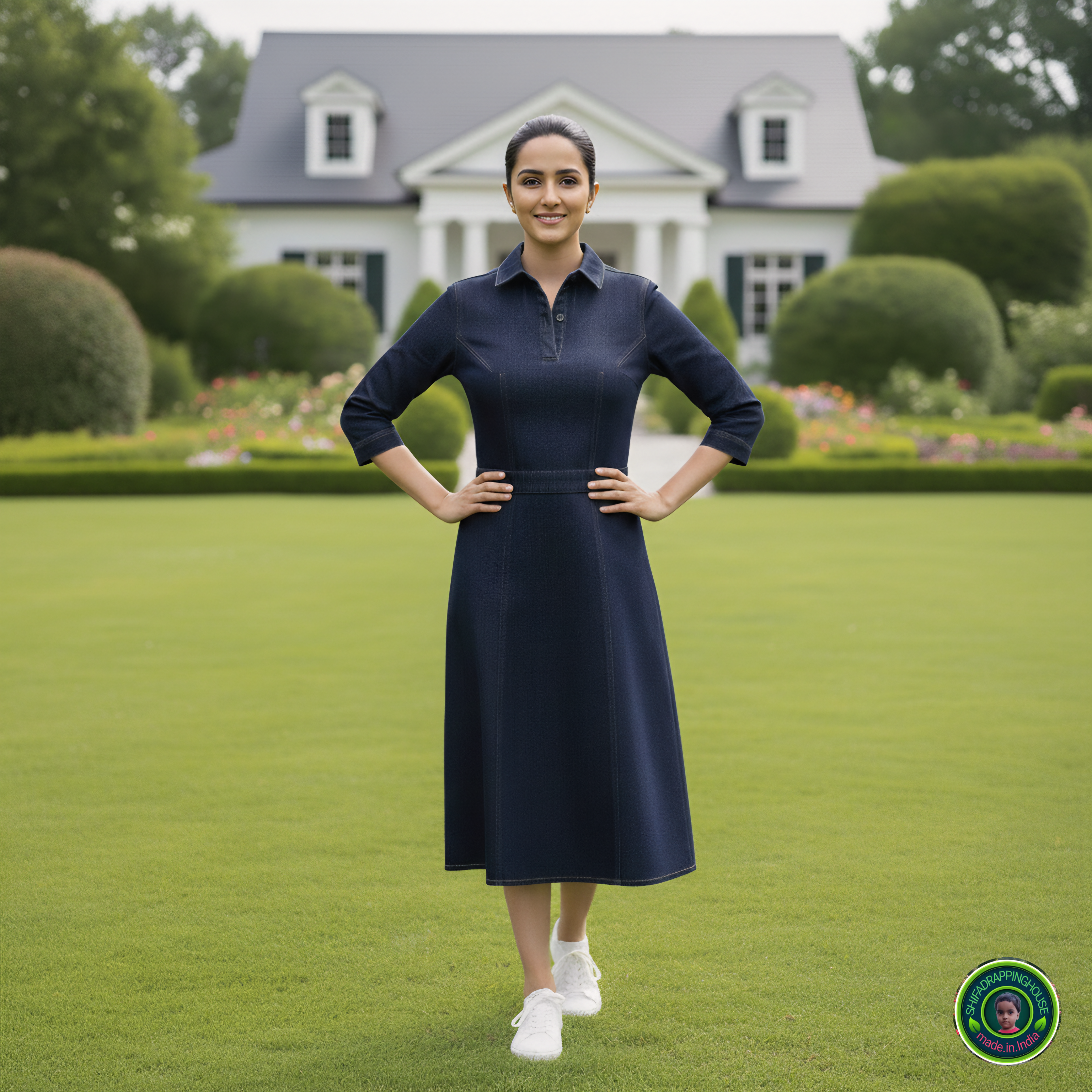 Midnight Luxe: Tailored Soft Denim Midi Dress with Gold Contrast Stitching