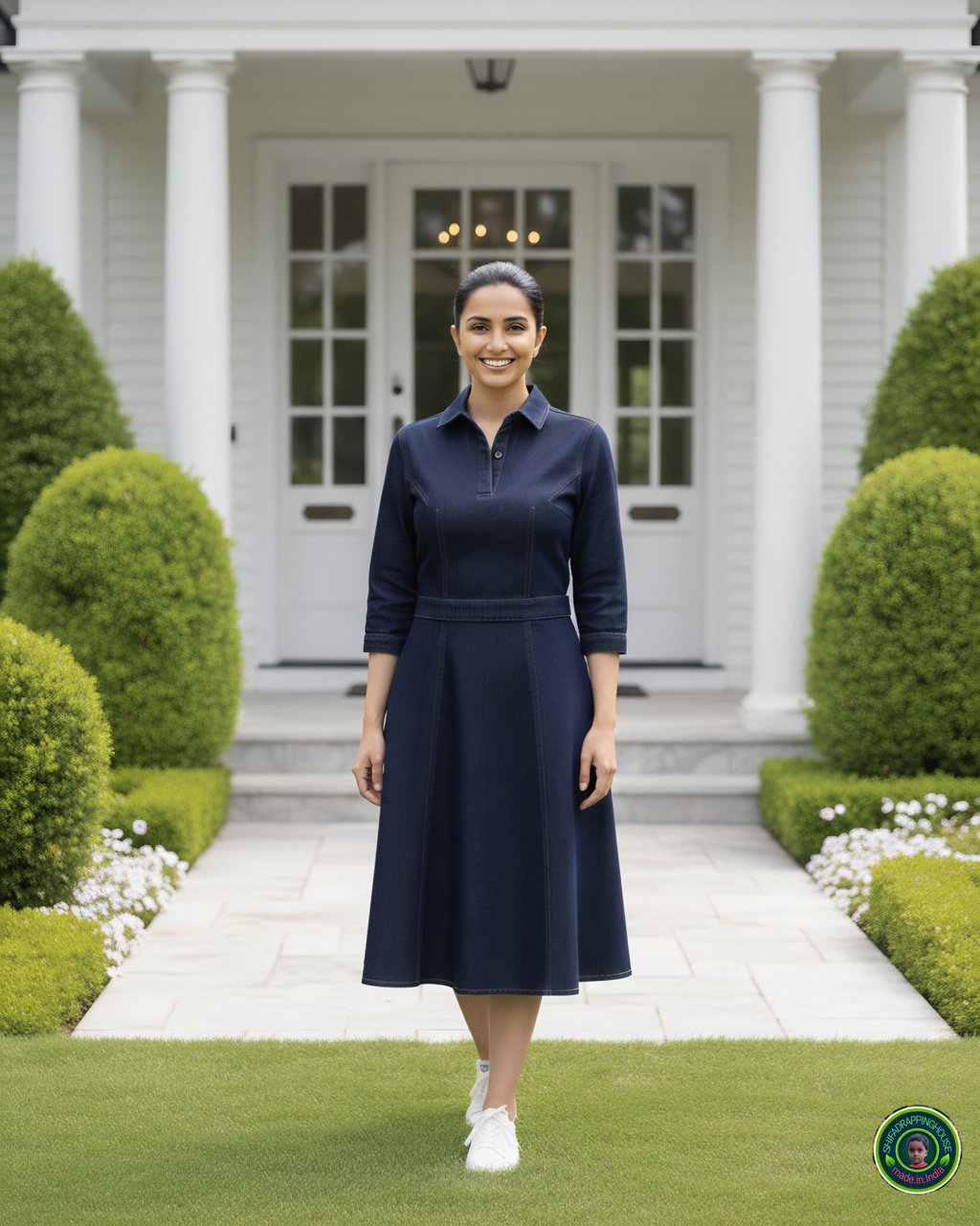 Midnight Luxe: Tailored Soft Denim Midi Dress with Gold Contrast Stitching