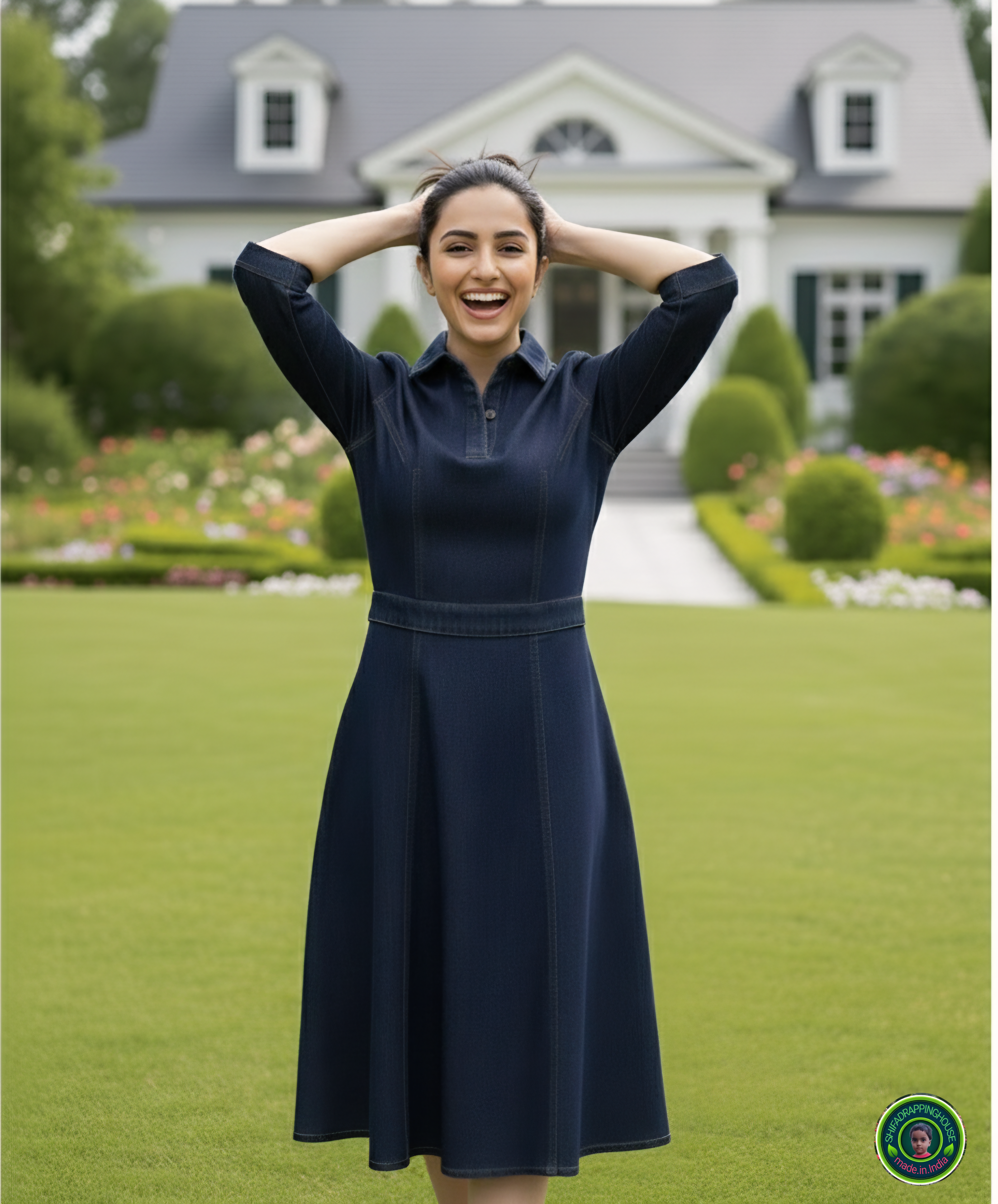 Midnight Luxe: Tailored Soft Denim Midi Dress with Gold Contrast Stitching