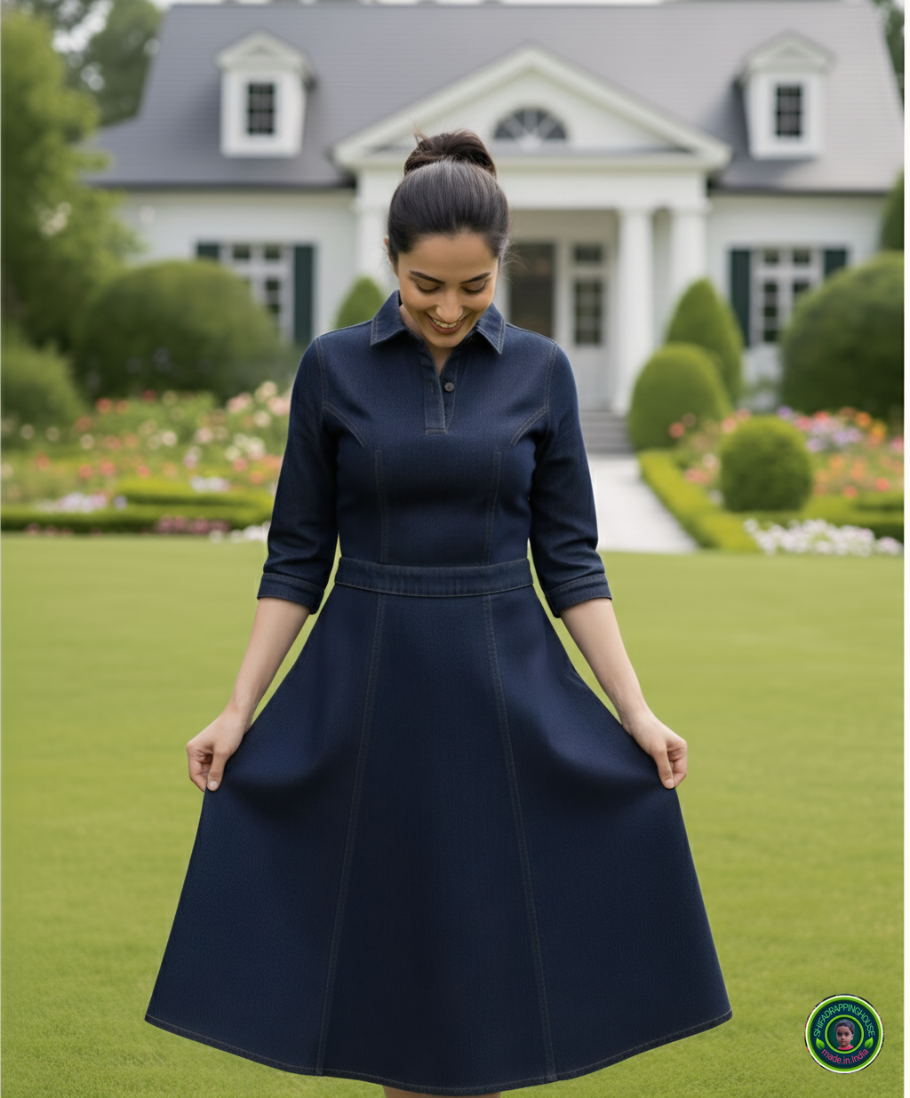 Midnight Luxe: Tailored Soft Denim Midi Dress with Gold Contrast Stitching