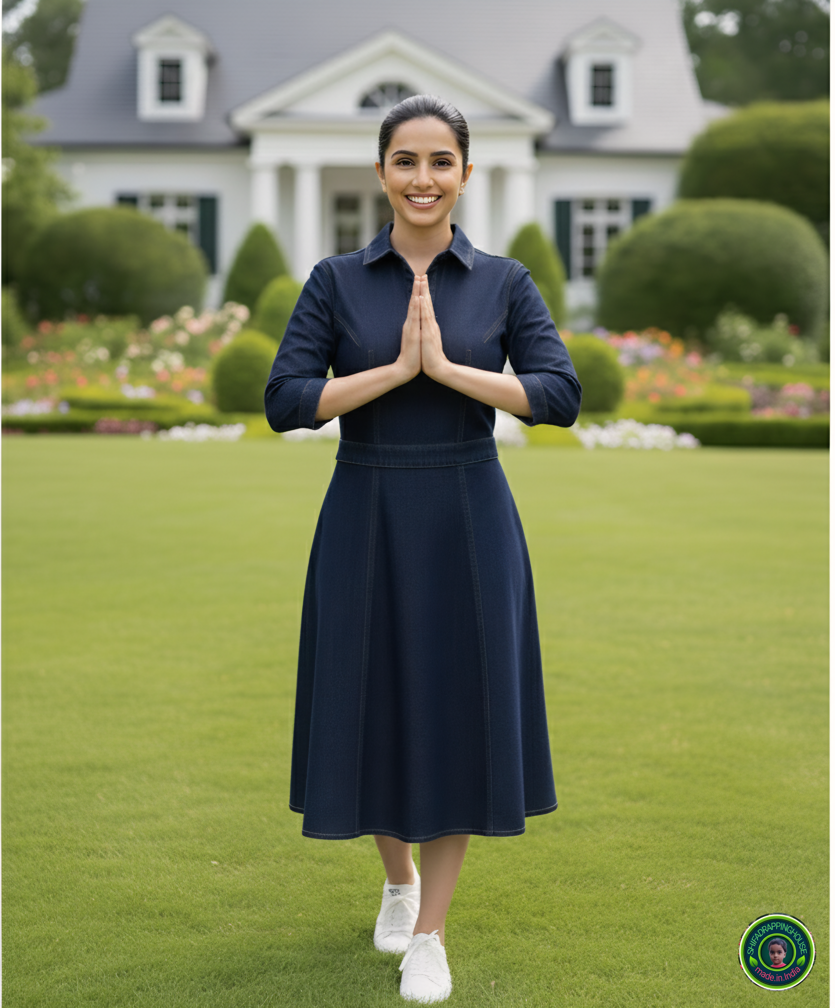 Midnight Luxe: Tailored Soft Denim Midi Dress with Gold Contrast Stitching