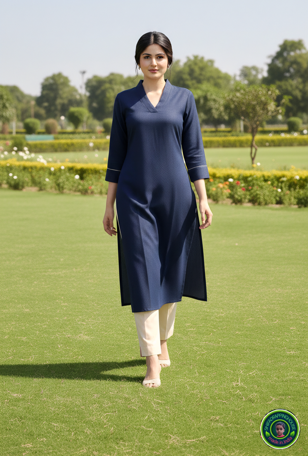 Elegant Navy Blue Soft Denim Kurta with Gold Corded Cuffs - Shifa Drapping House