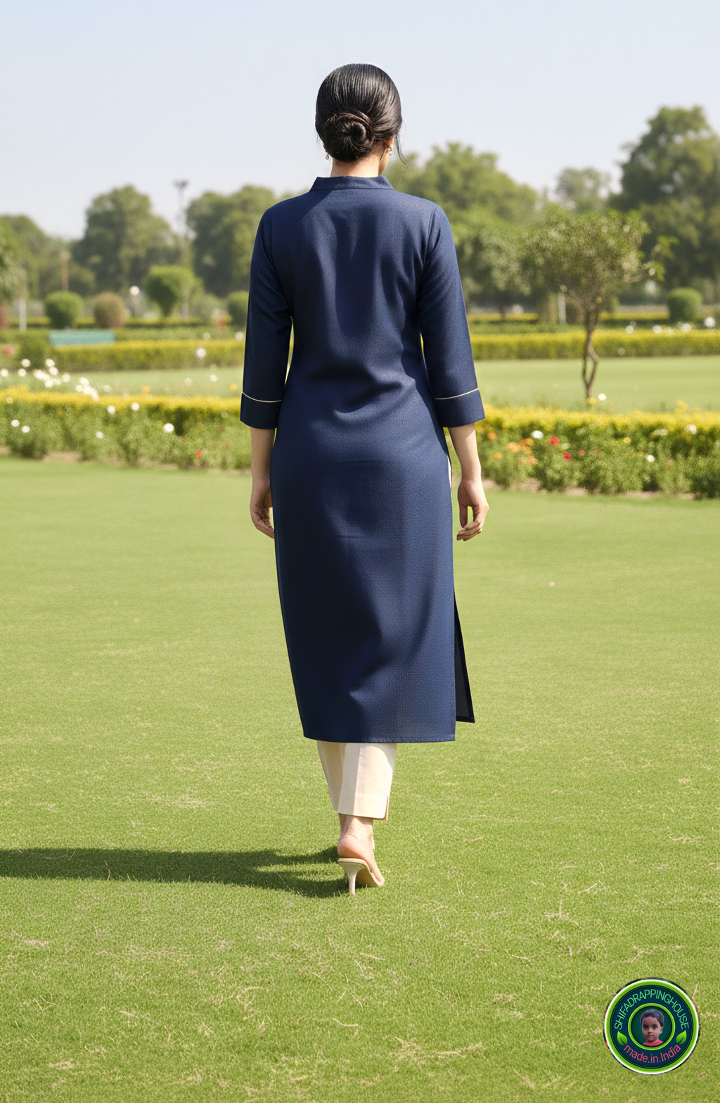 Elegant Navy Blue Soft Denim Kurta with Gold Corded Cuffs - Shifa Drapping House