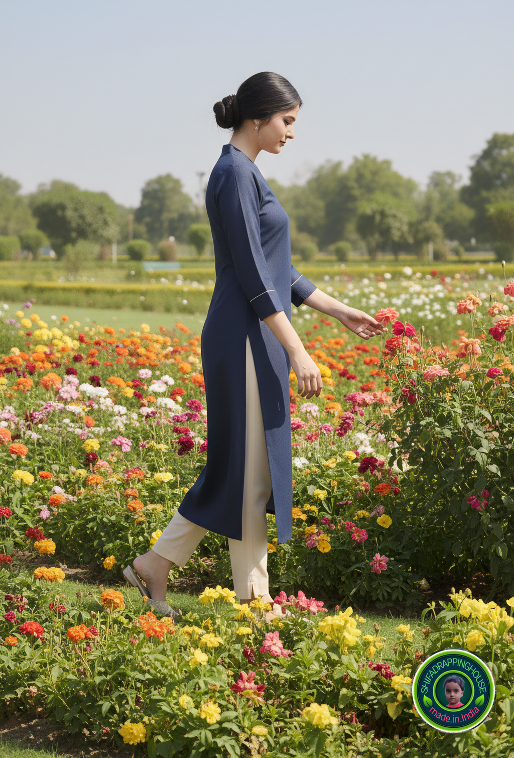 Elegant Navy Blue Soft Denim Kurta with Gold Corded Cuffs - Shifa Drapping House