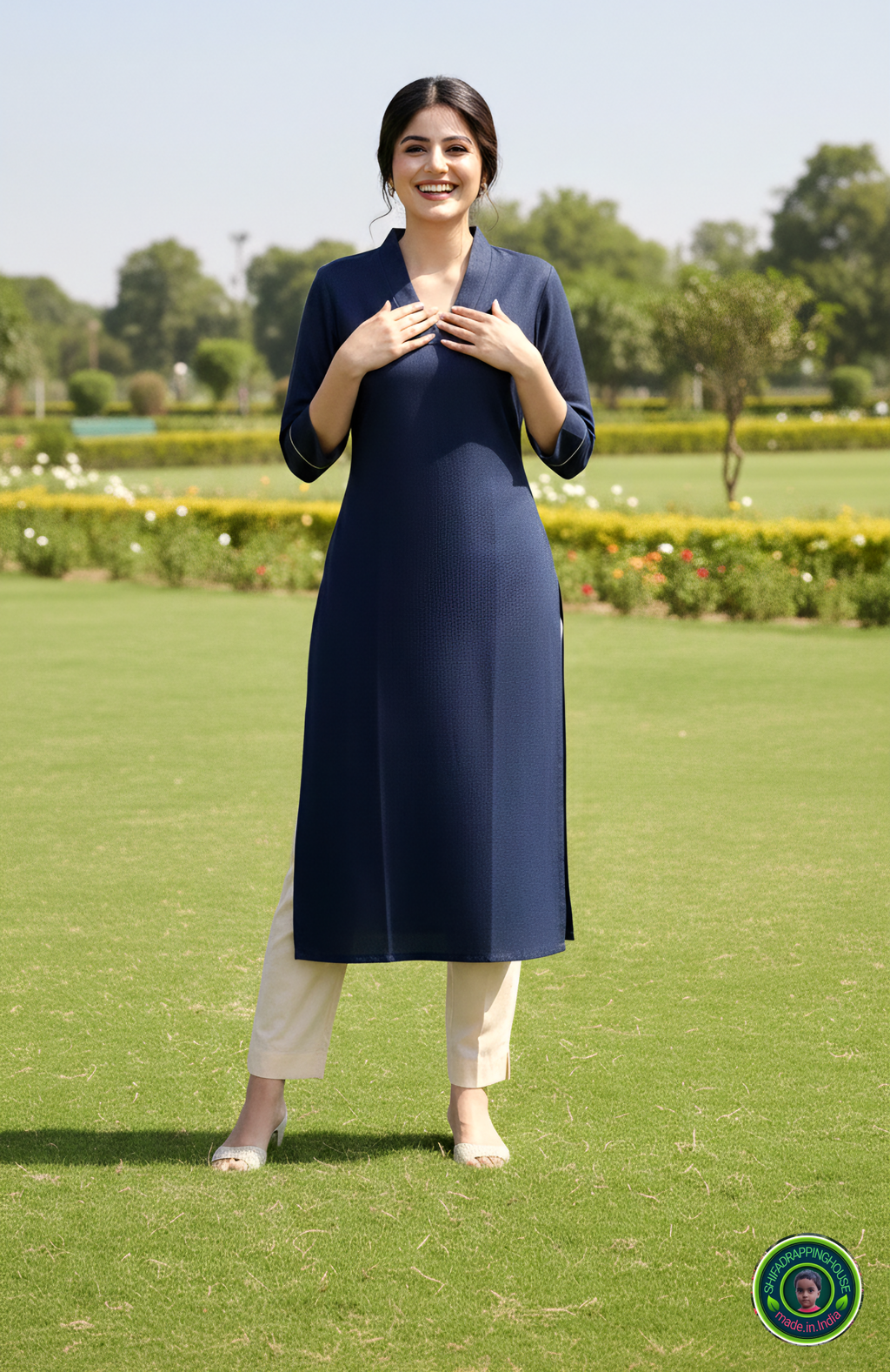 Elegant Navy Blue Soft Denim Kurta with Gold Corded Cuffs - Shifa Drapping House