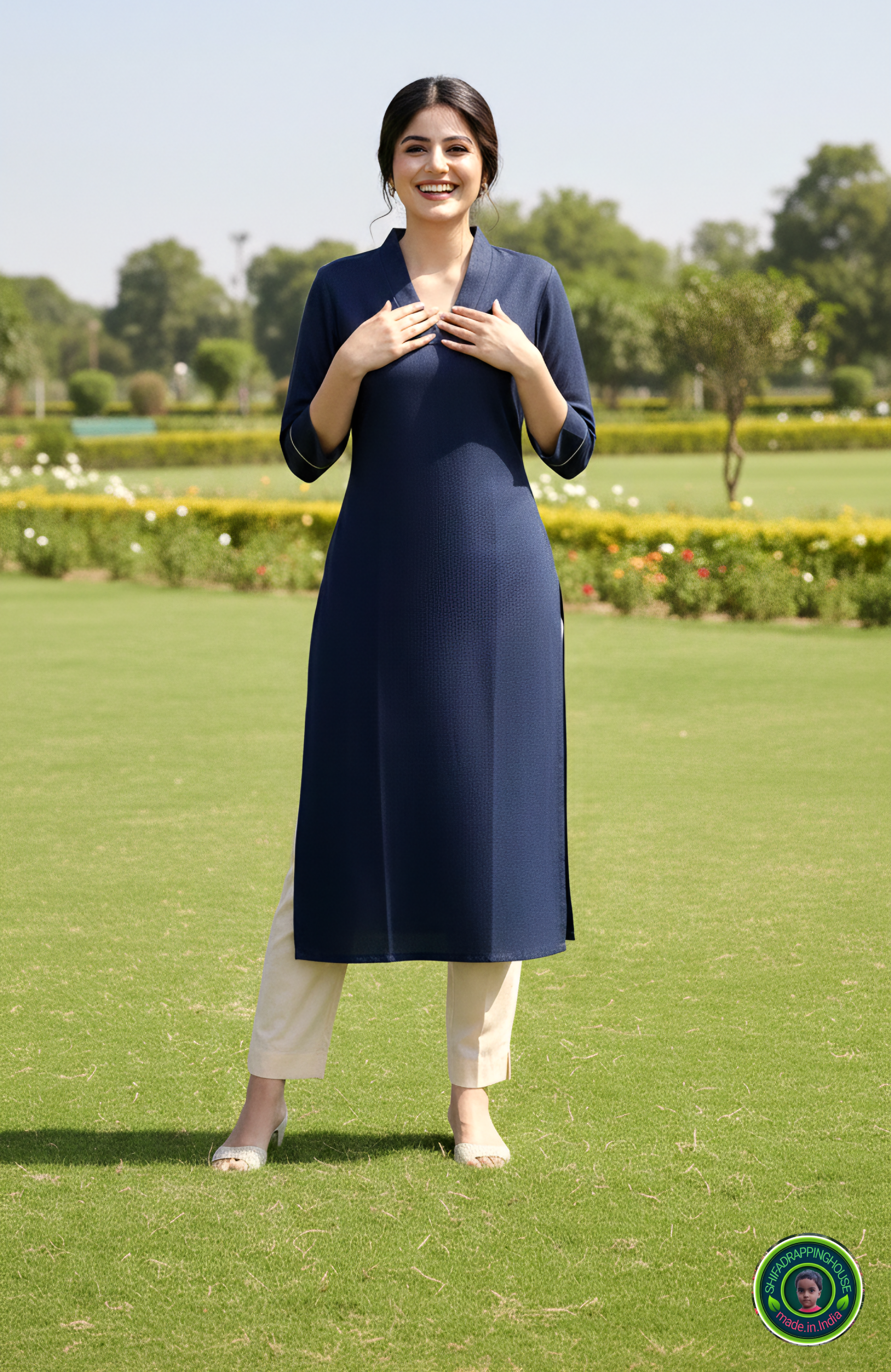 Elegant Navy Blue Soft Denim Kurta with Gold Corded Cuffs - Shifa Drapping House