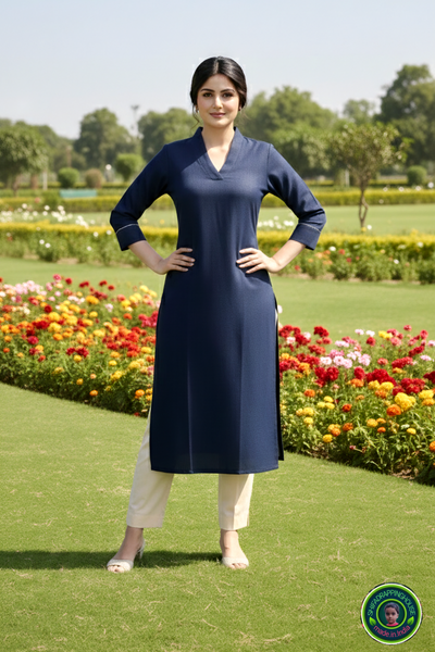 Elegant Navy Blue Soft Denim Kurta with Gold Corded Cuffs - Shifa Drapping House