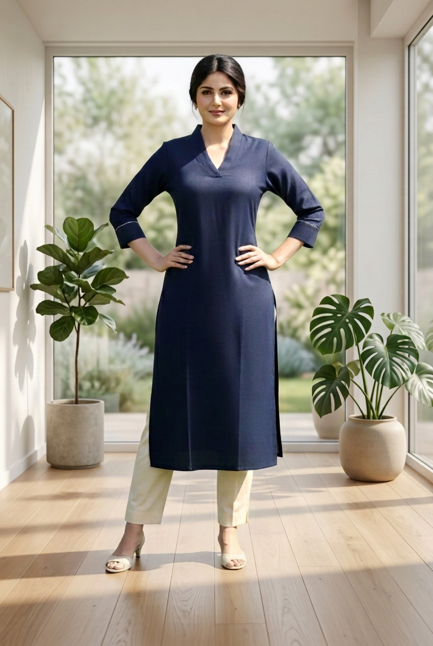Woman in a navy blue kurta standing in a park with flowers and greenery.