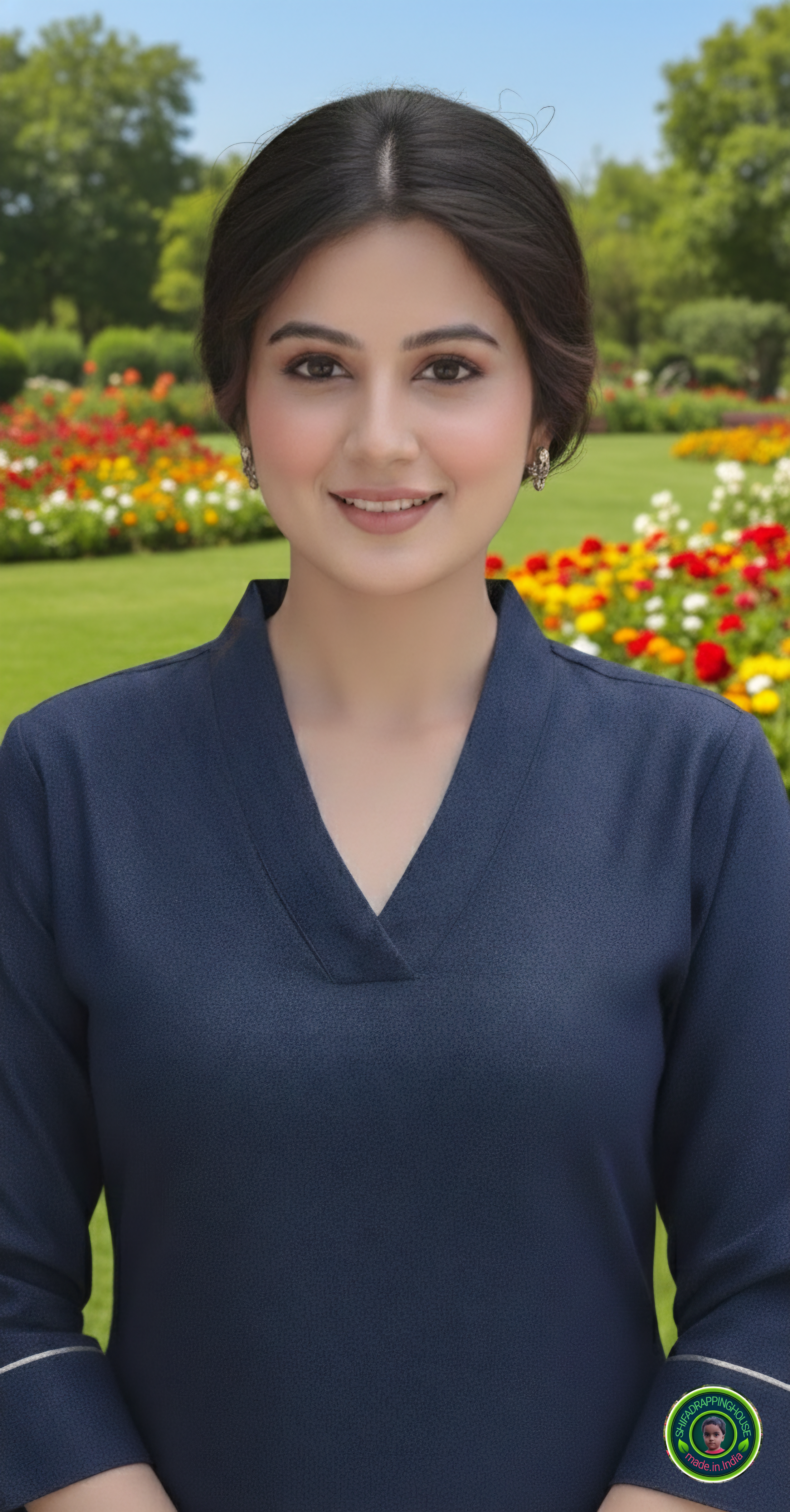 Elegant Navy Blue Soft Denim Kurta with Gold Corded Cuffs - Shifa Drapping House