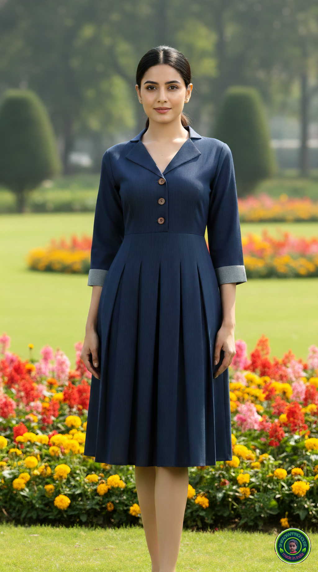 Elegant Navy Blue Soft Denim Midi Dress – Jacket Collar with Box Pleat Detail