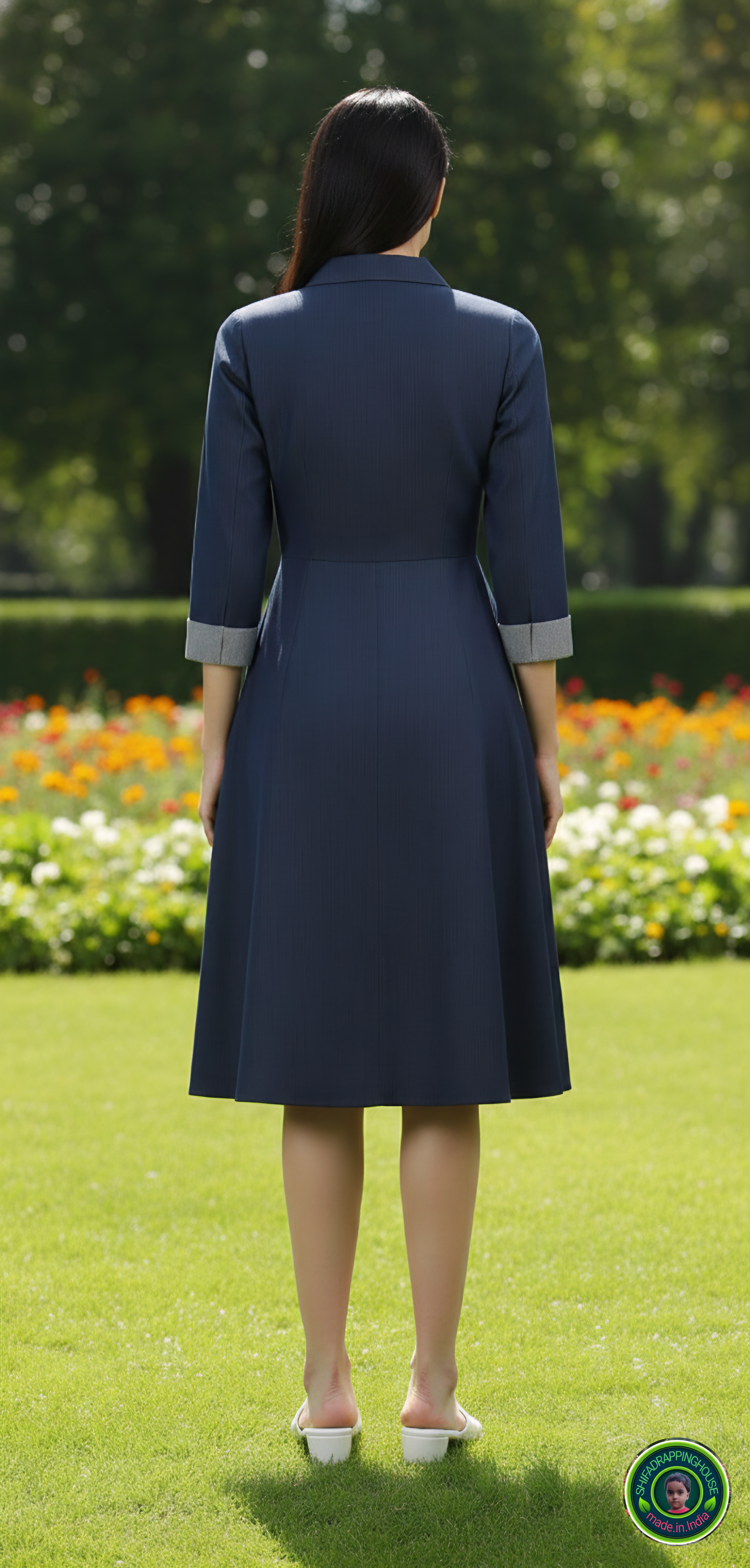 Elegant Navy Blue Soft Denim Midi Dress – Jacket Collar with Box Pleat Detail