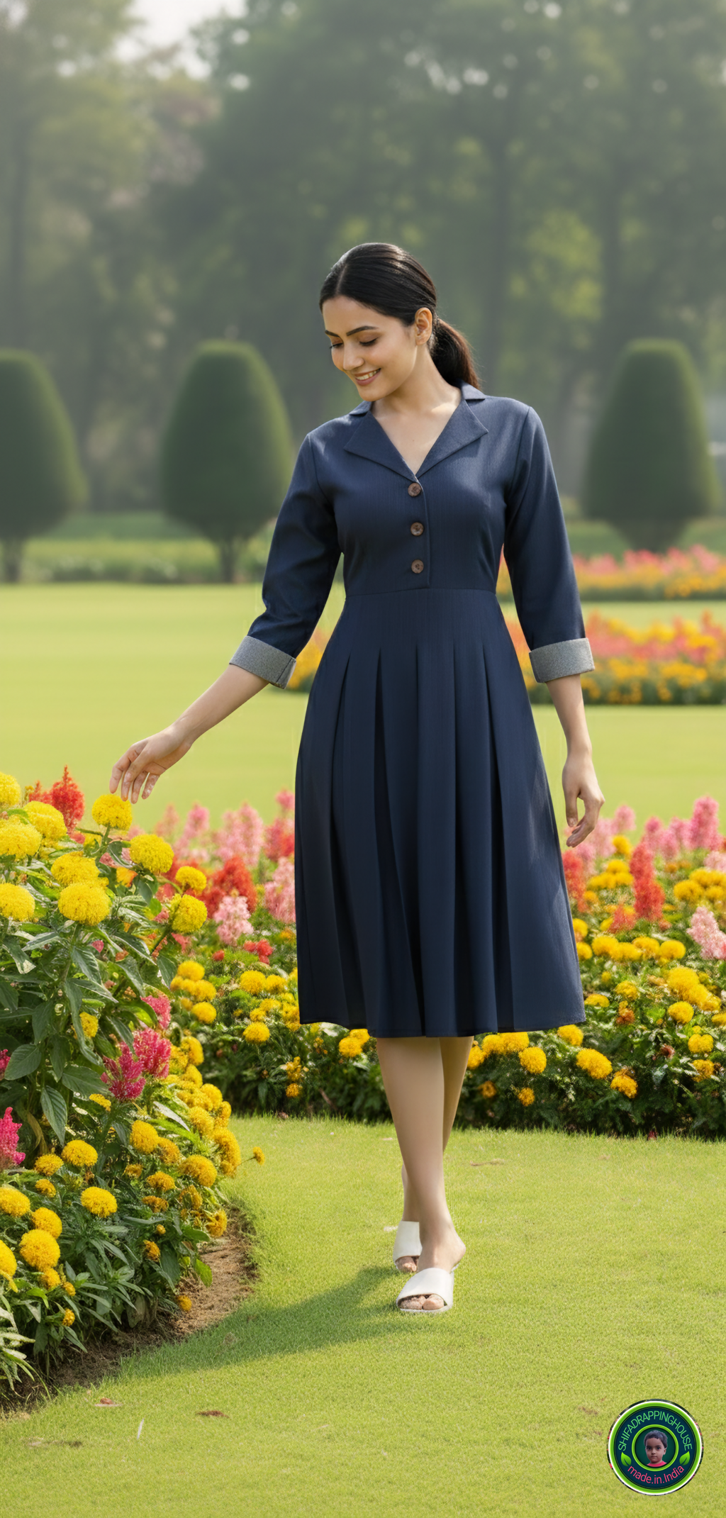 Elegant Navy Blue Soft Denim Midi Dress – Jacket Collar with Box Pleat Detail