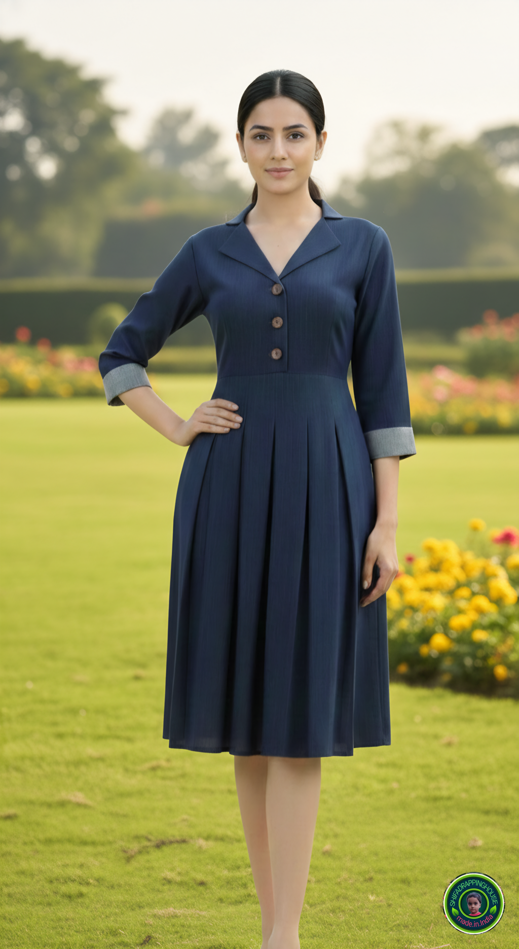 Elegant Navy Blue Soft Denim Midi Dress – Jacket Collar with Box Pleat Detail