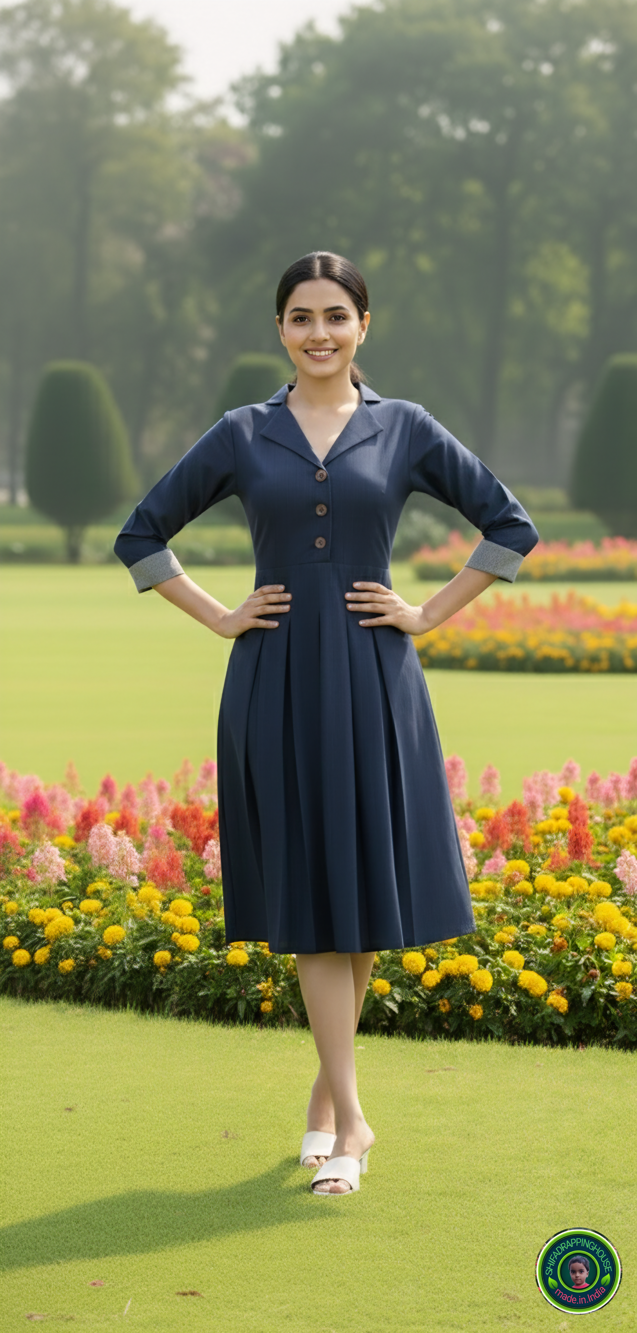 Elegant Navy Blue Soft Denim Midi Dress – Jacket Collar with Box Pleat Detail