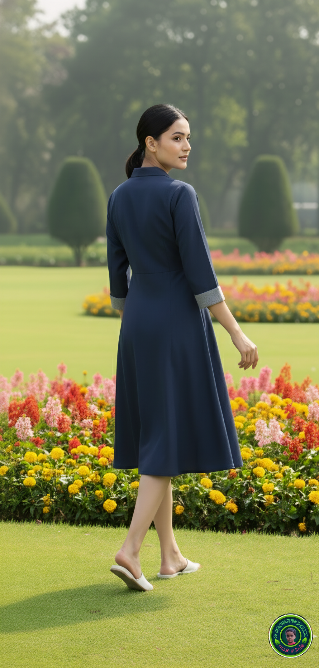 Elegant Navy Blue Soft Denim Midi Dress – Jacket Collar with Box Pleat Detail