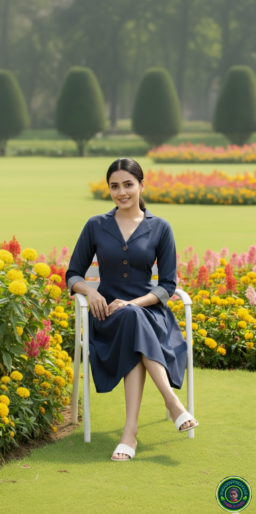 Elegant Navy Blue Soft Denim Midi Dress – Jacket Collar with Box Pleat Detail