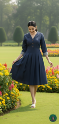 Elegant Navy Blue Soft Denim Midi Dress – Jacket Collar with Box Pleat Detail
