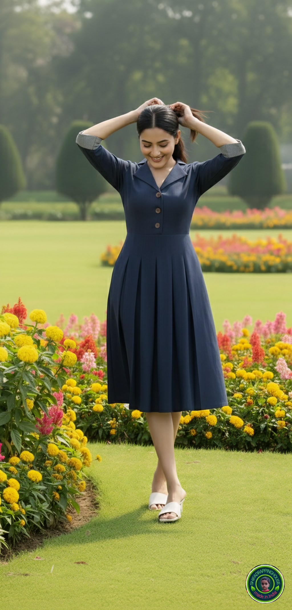 Elegant Navy Blue Soft Denim Midi Dress – Jacket Collar with Box Pleat Detail