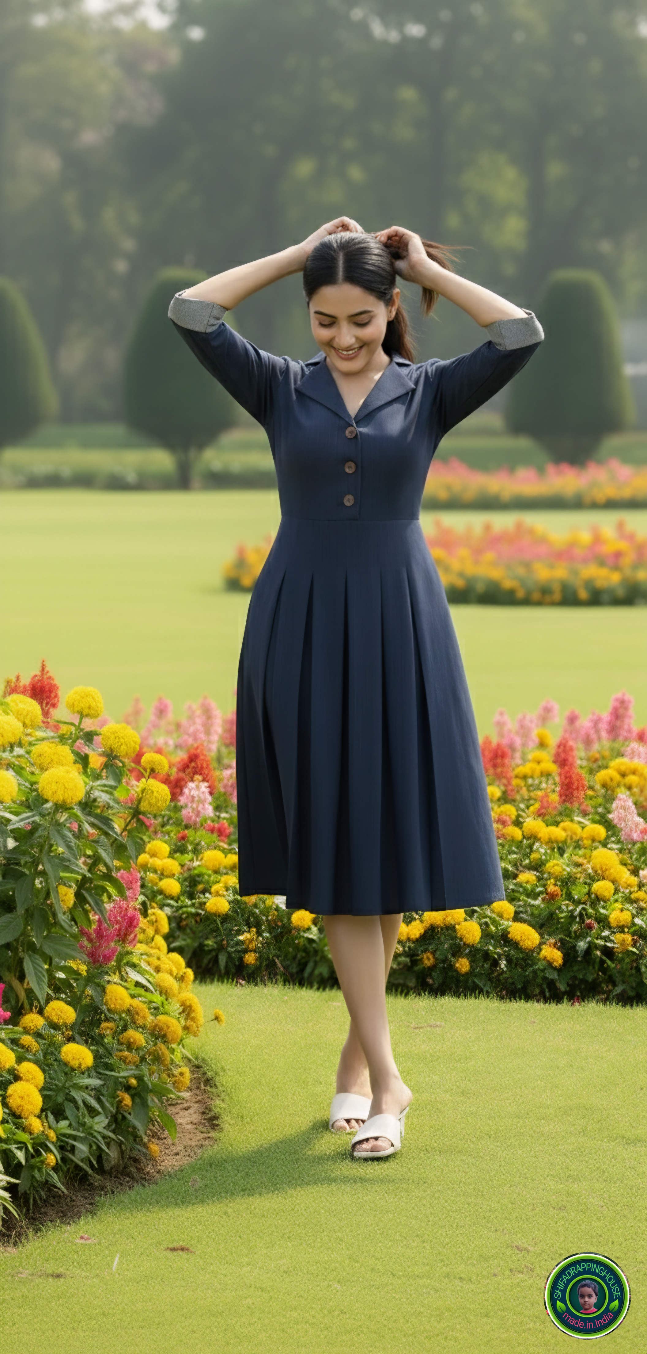 Elegant Navy Blue Soft Denim Midi Dress – Jacket Collar with Box Pleat Detail