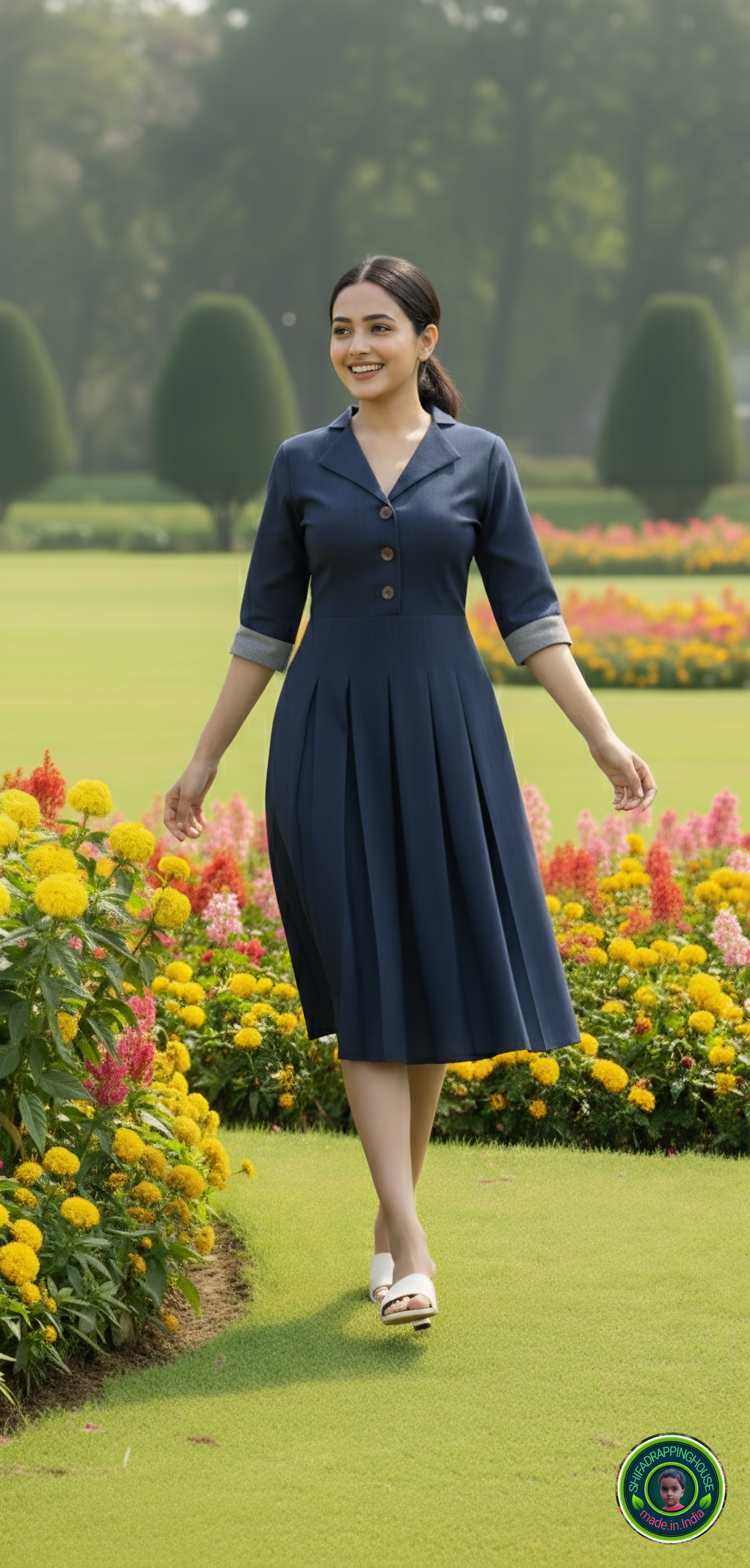 Elegant Navy Blue Soft Denim Midi Dress – Jacket Collar with Box Pleat Detail