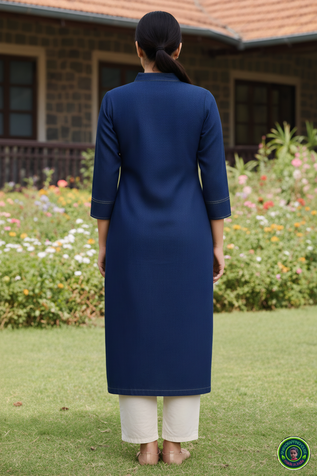 Imperial Navy Soft Denim Kurta with Princess Line Gold Stitching & Wooden Accents