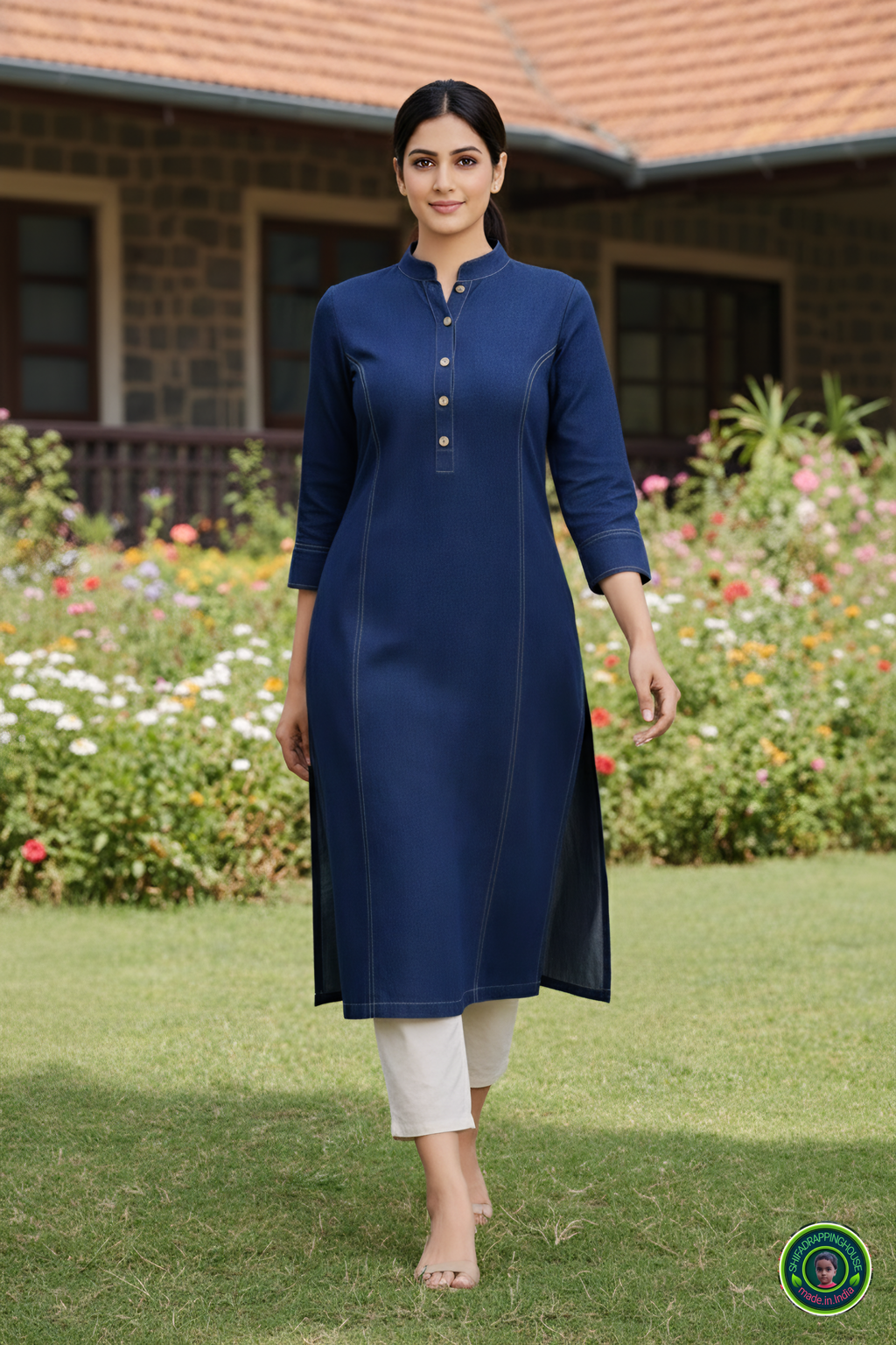 Imperial Navy Soft Denim Kurta with Princess Line Gold Stitching & Wooden Accents