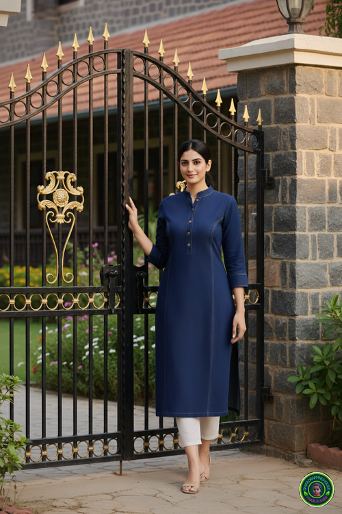 Imperial Navy Soft Denim Kurta with Princess Line Gold Stitching & Wooden Accents