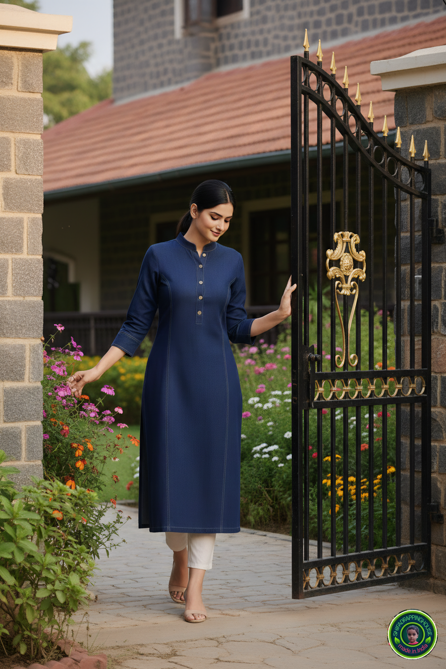 Imperial Navy Soft Denim Kurta with Princess Line Gold Stitching & Wooden Accents