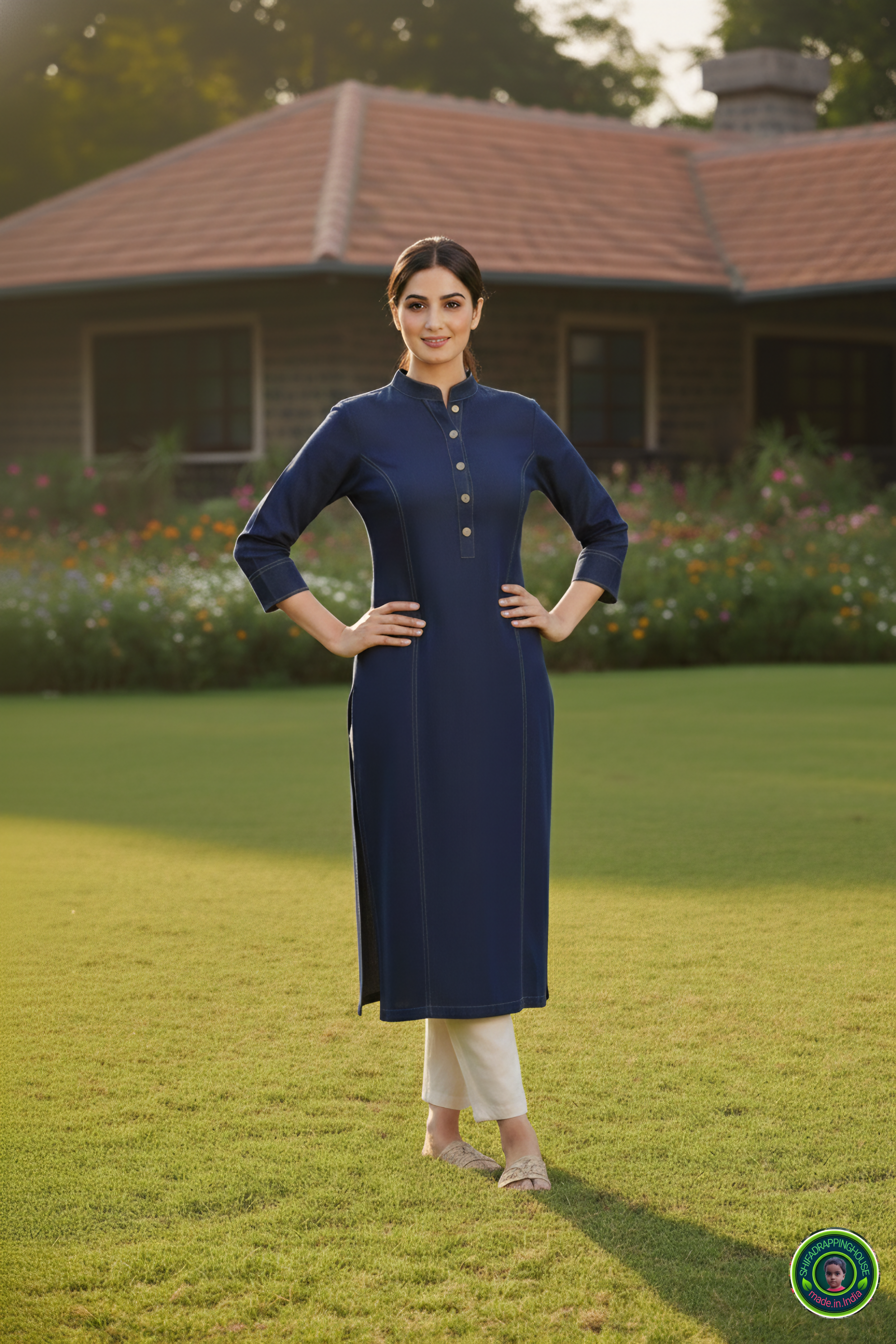 Imperial Navy Soft Denim Kurta with Princess Line Gold Stitching & Wooden Accents