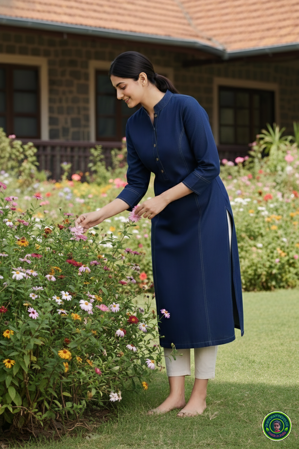 Imperial Navy Soft Denim Kurta with Princess Line Gold Stitching & Wooden Accents