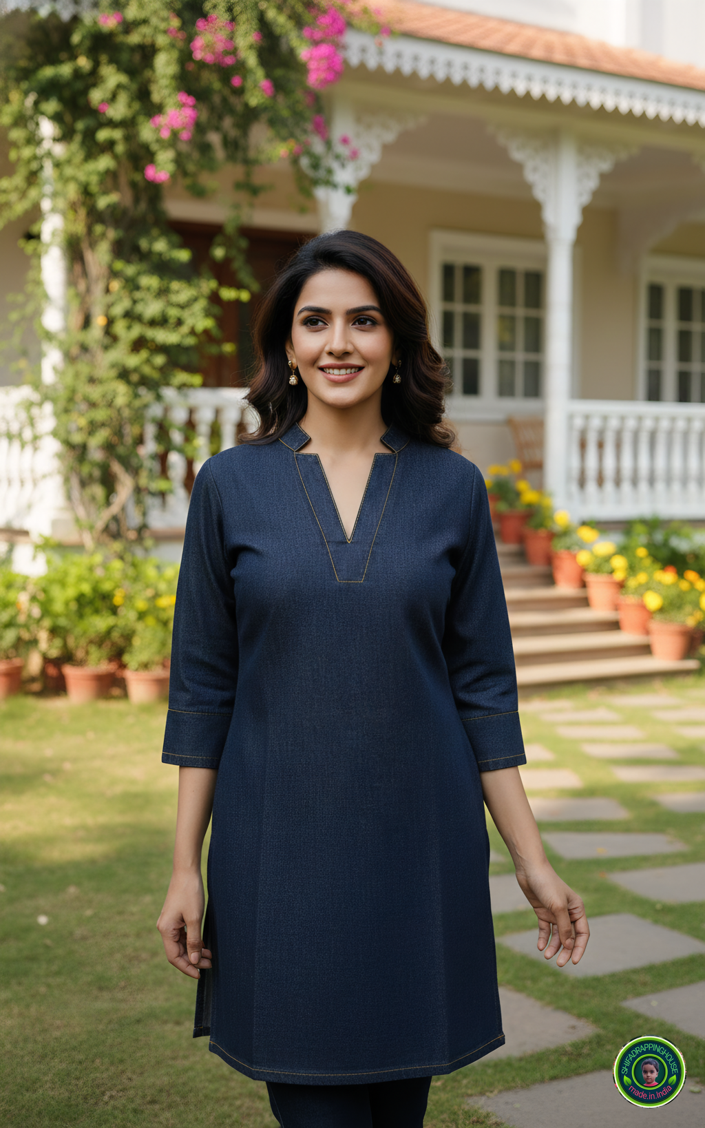 Midnight Navy Soft-Denim Kurta | Minimalist Gold-Stitch Straight Tunic