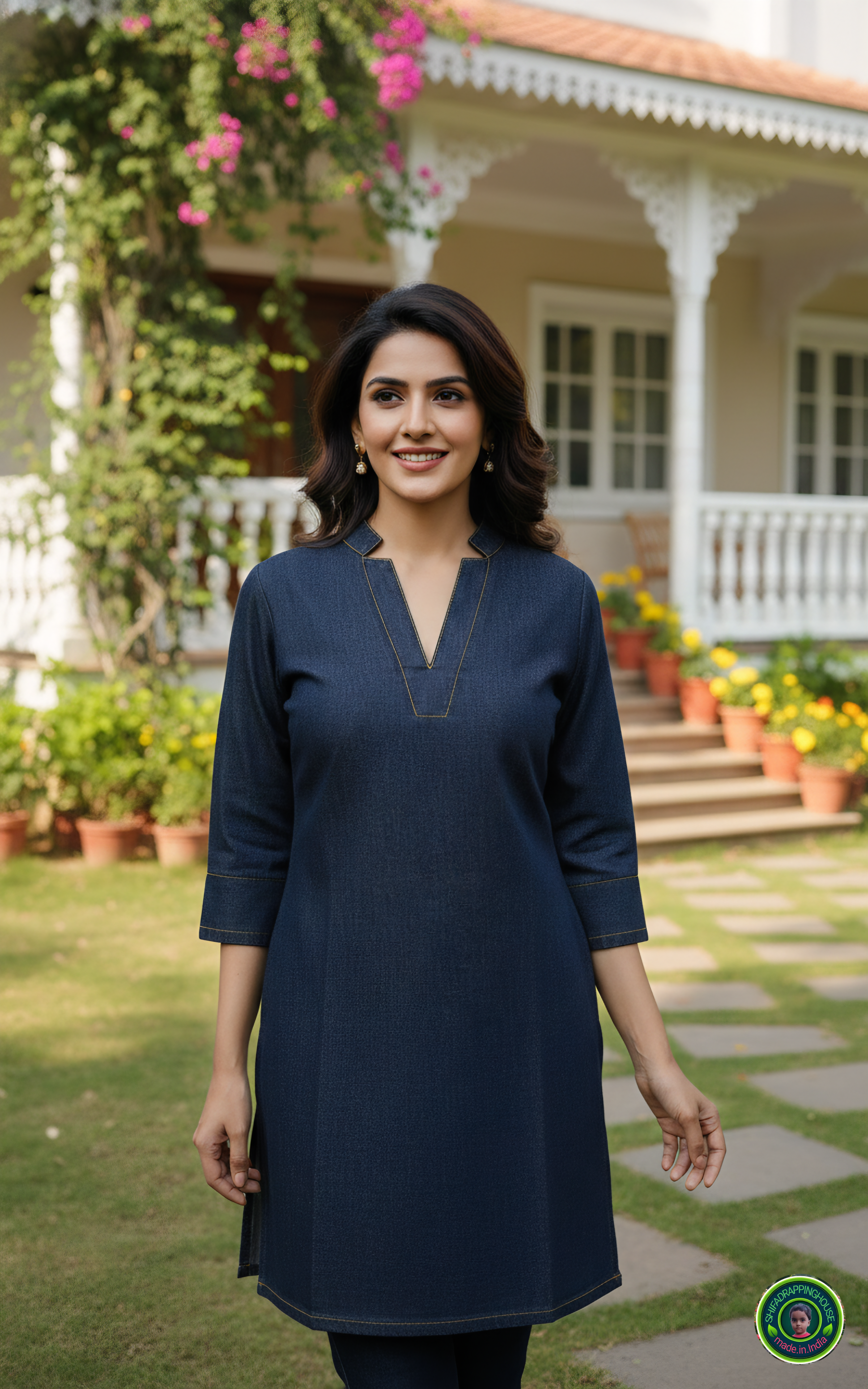Midnight Navy Soft-Denim Kurta | Minimalist Gold-Stitch Straight Tunic
