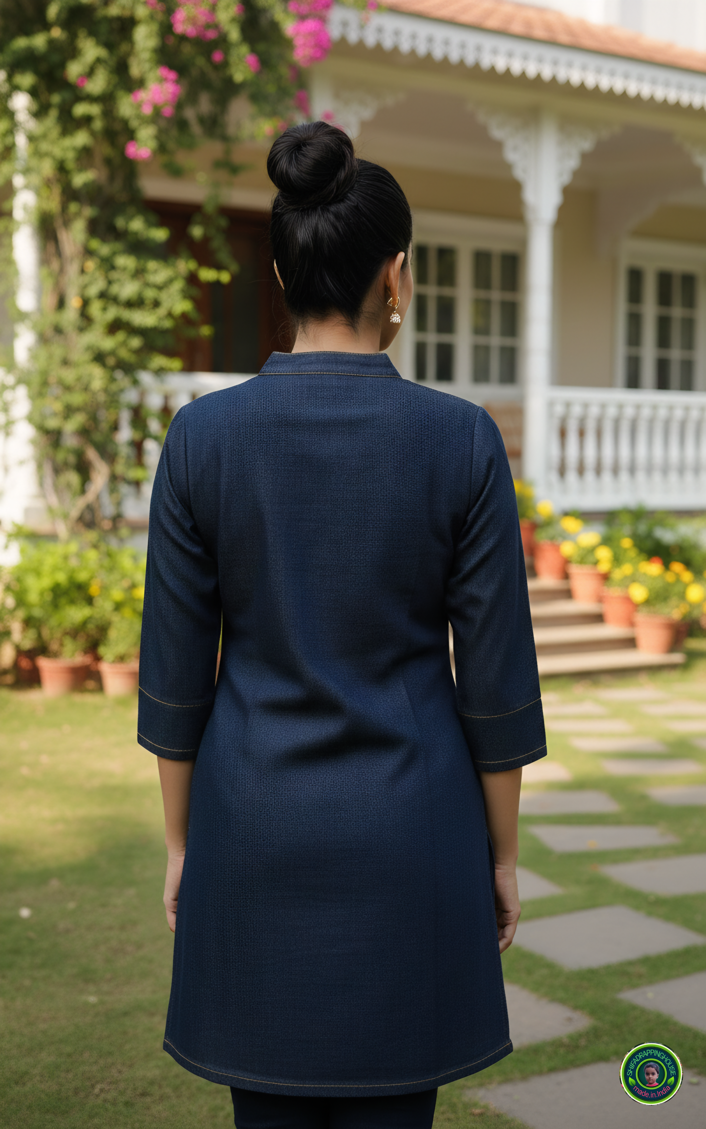 Midnight Navy Soft-Denim Kurta | Minimalist Gold-Stitch Straight Tunic