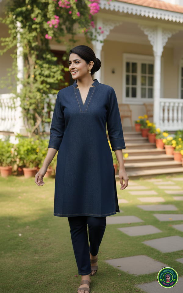 Midnight Navy Soft-Denim Kurta | Minimalist Gold-Stitch Straight Tunic